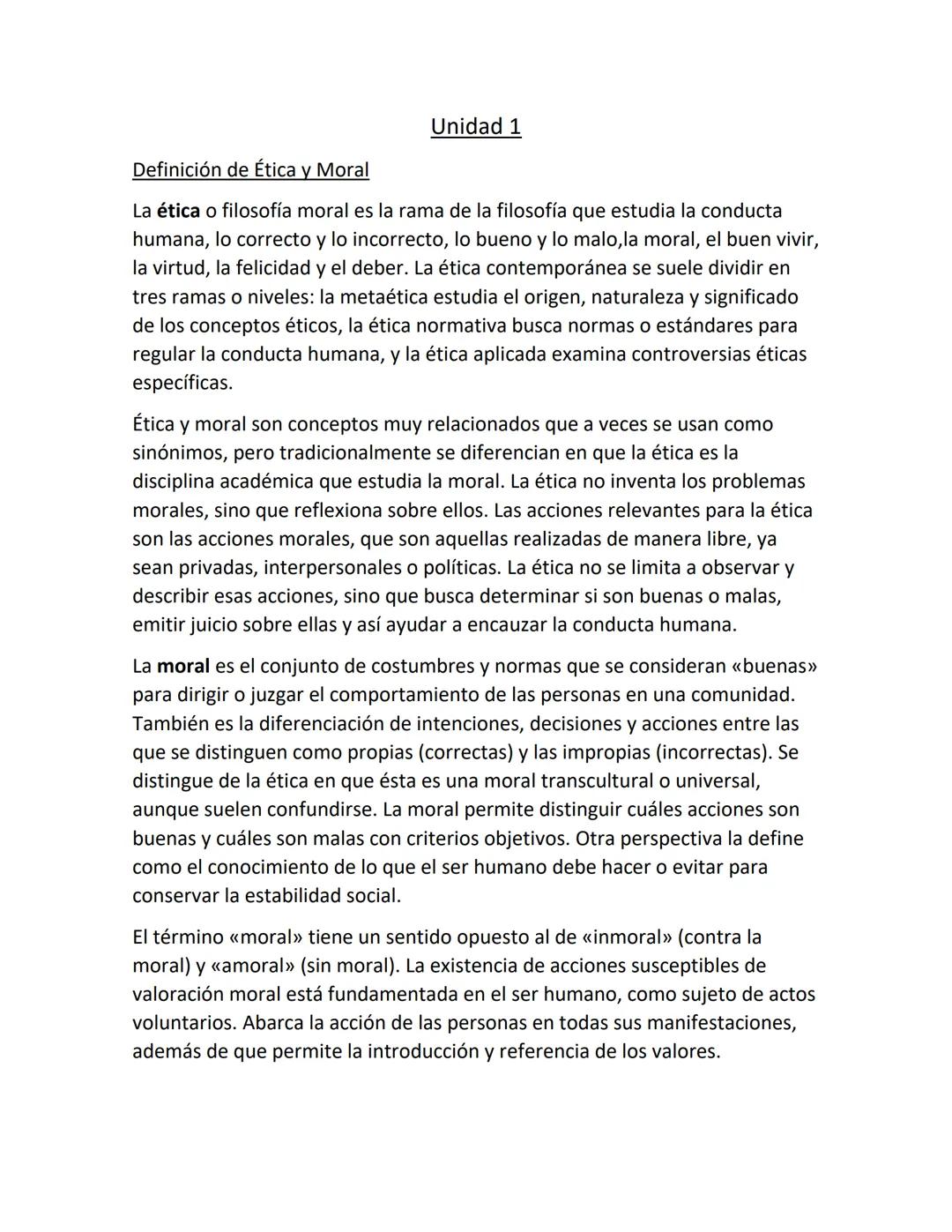 Definición de Ética y Moral
Unidad 1
La ética o filosofía moral es la rama de la filosofía que estudia la conducta
humana, lo correcto y lo