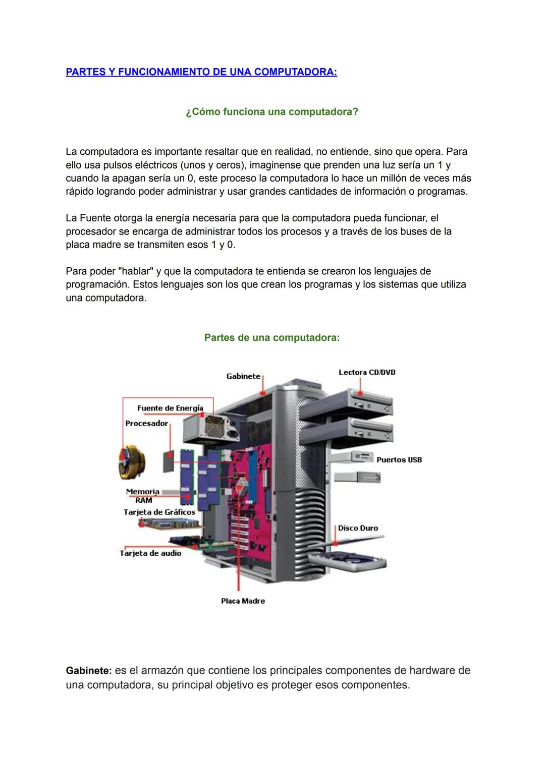 Partes y funcionamiento de una computadora