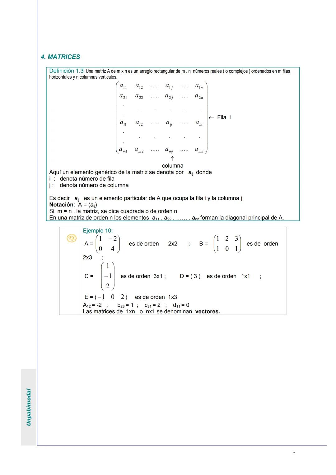 Unpabimodal
# UNIDAD I: MATRICES Y SISTEMAS DE ECUACIONES LINEALES
## 1. ECUACIONES LINEALES
Son expresiones de la forma:
1) ax = b
|