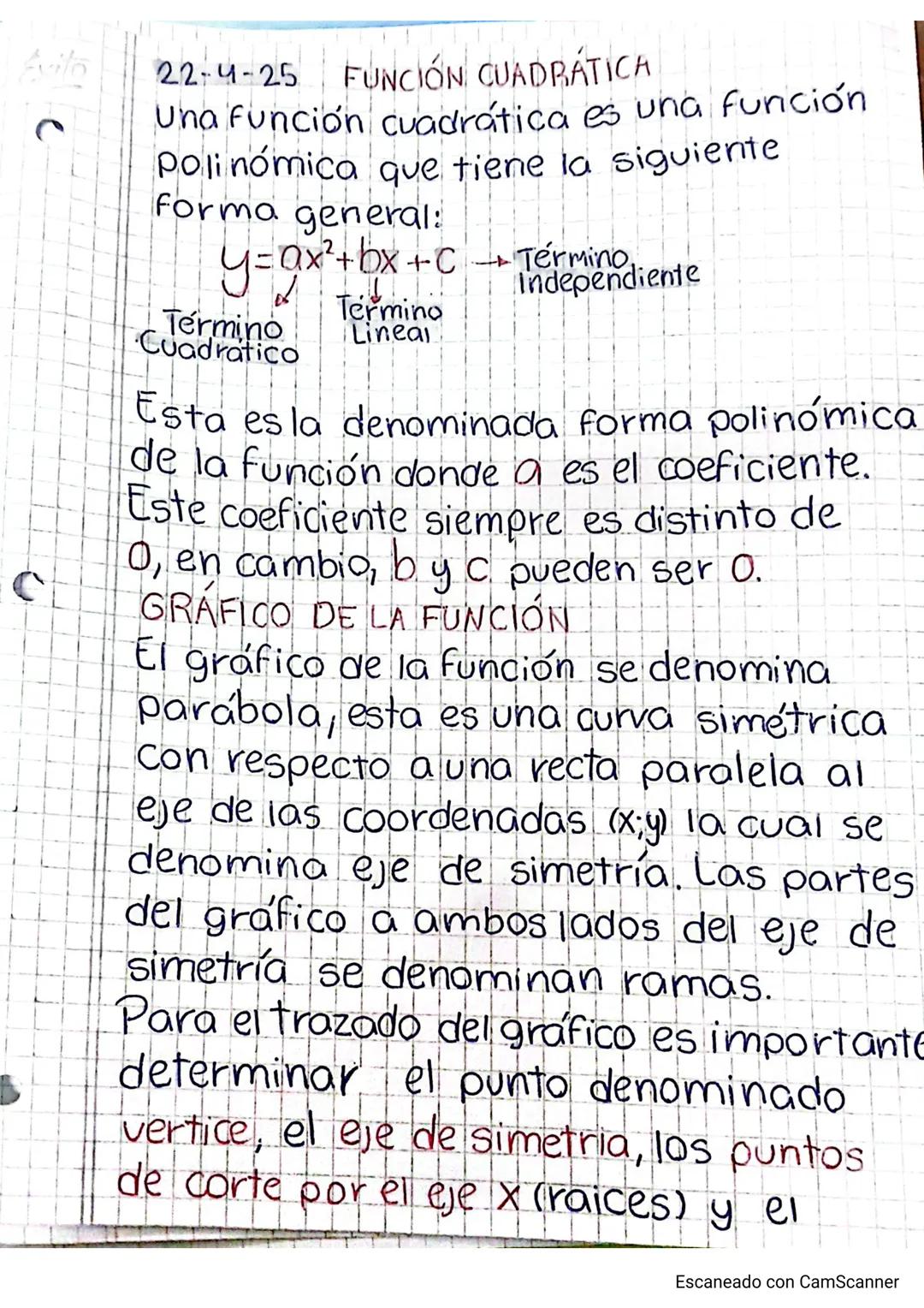 --- OCR Start ---
Exito
22-4-25 FUNCIÓN CUADRÁTICA
Una función cuadrática es una función
Polinómica que tiene la siguiente
Forma general:
$y
