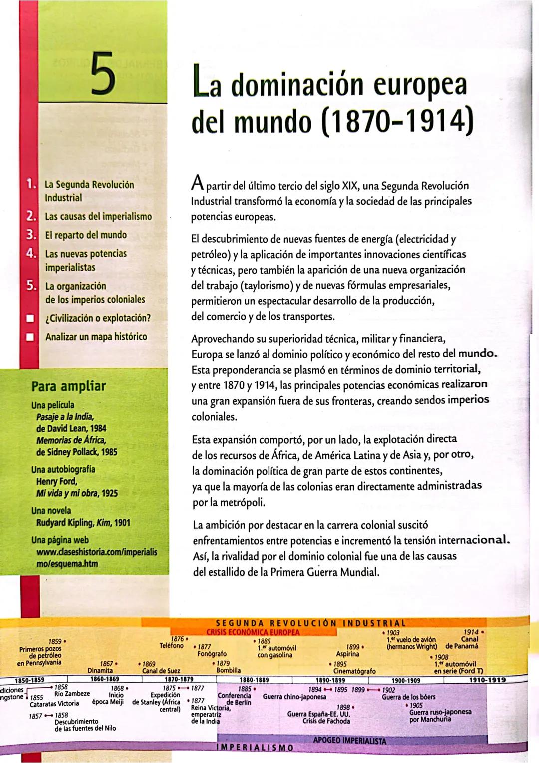 5
1. La Segunda Revolución
Industrial
2. Las causas del imperialismo
3. El reparto del mundo
4. Las nuevas potencias
imperialistas
5. La or