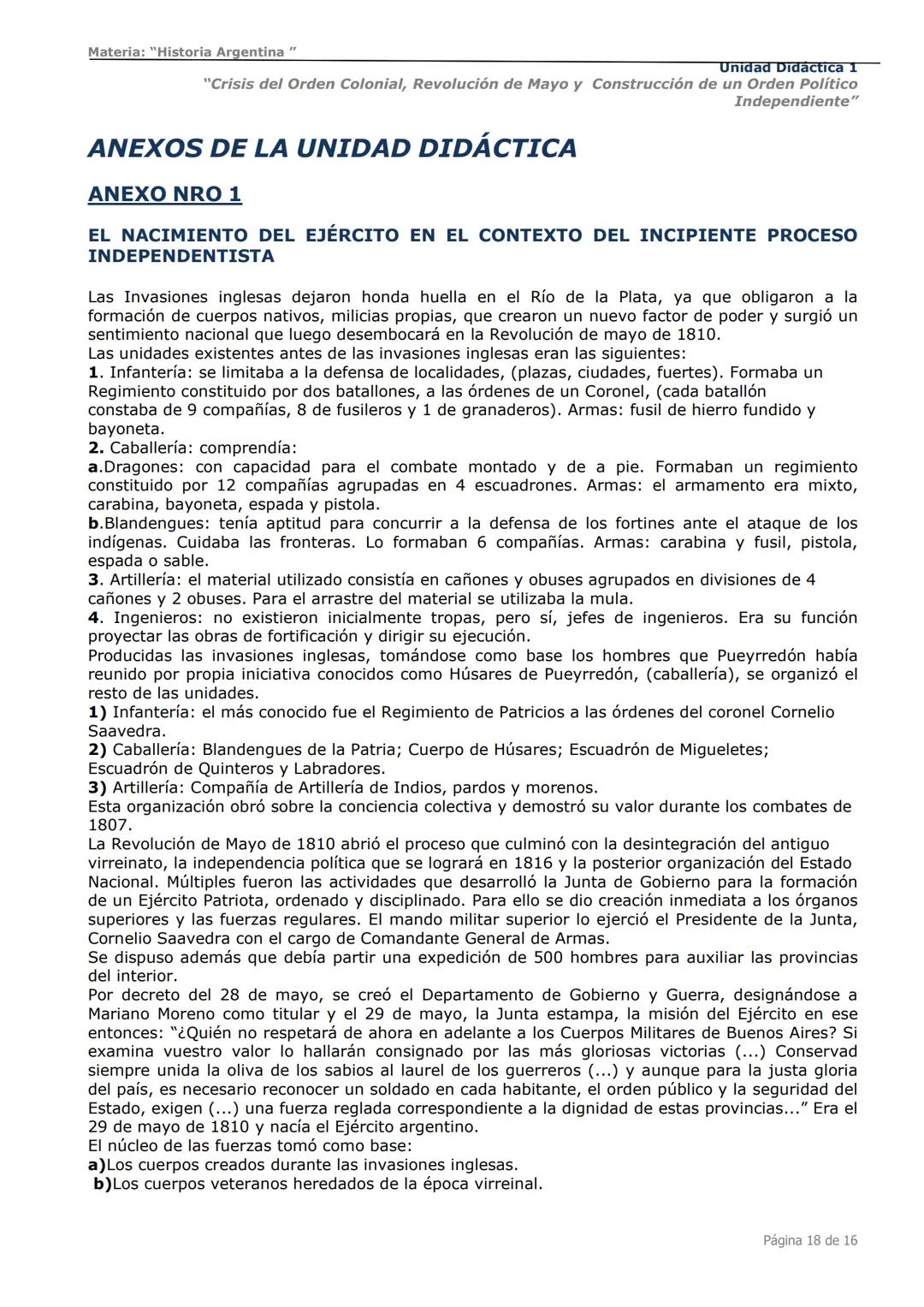 # Curso de Apoyo para el Ingreso a los
Institutos de Formación del Ejército
Argentino
# Materia:
"Historia Argentina"
# Unidad Didáctica 1