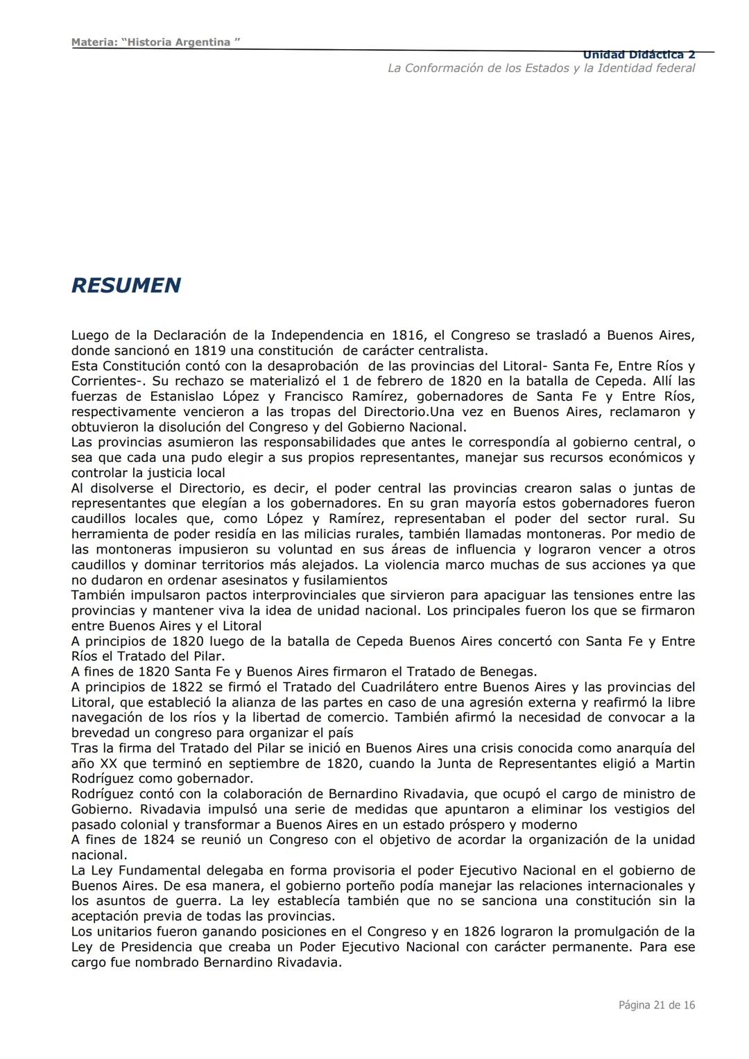 # Curso de Apoyo para el Ingreso a los
Institutos de Formación del Ejército
Argentino
# Materia:
"Historia Argentina"
# Unidad Didáctica 1