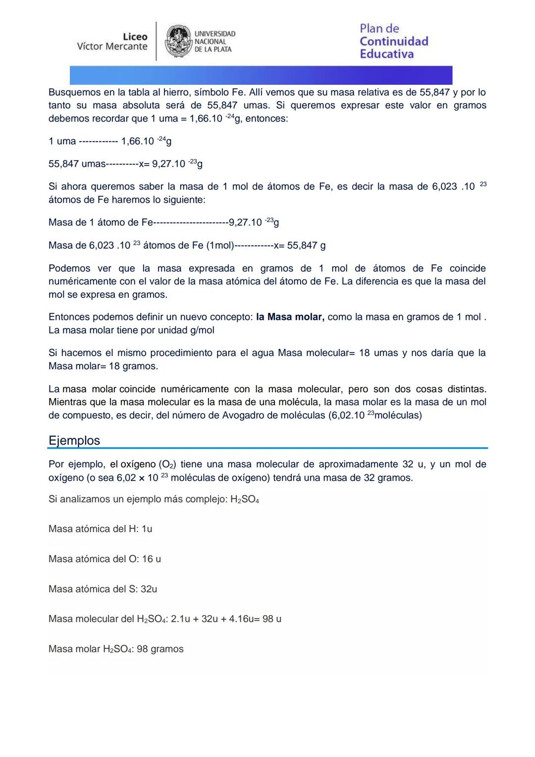 Liceo
Víctor Mercante
UNIVERSIDAD
NACIONAL
DE LA PLATA
Plan de
Continuidad
Educativa
Departamento de Química
Química 4to año
Tema: Masa a
