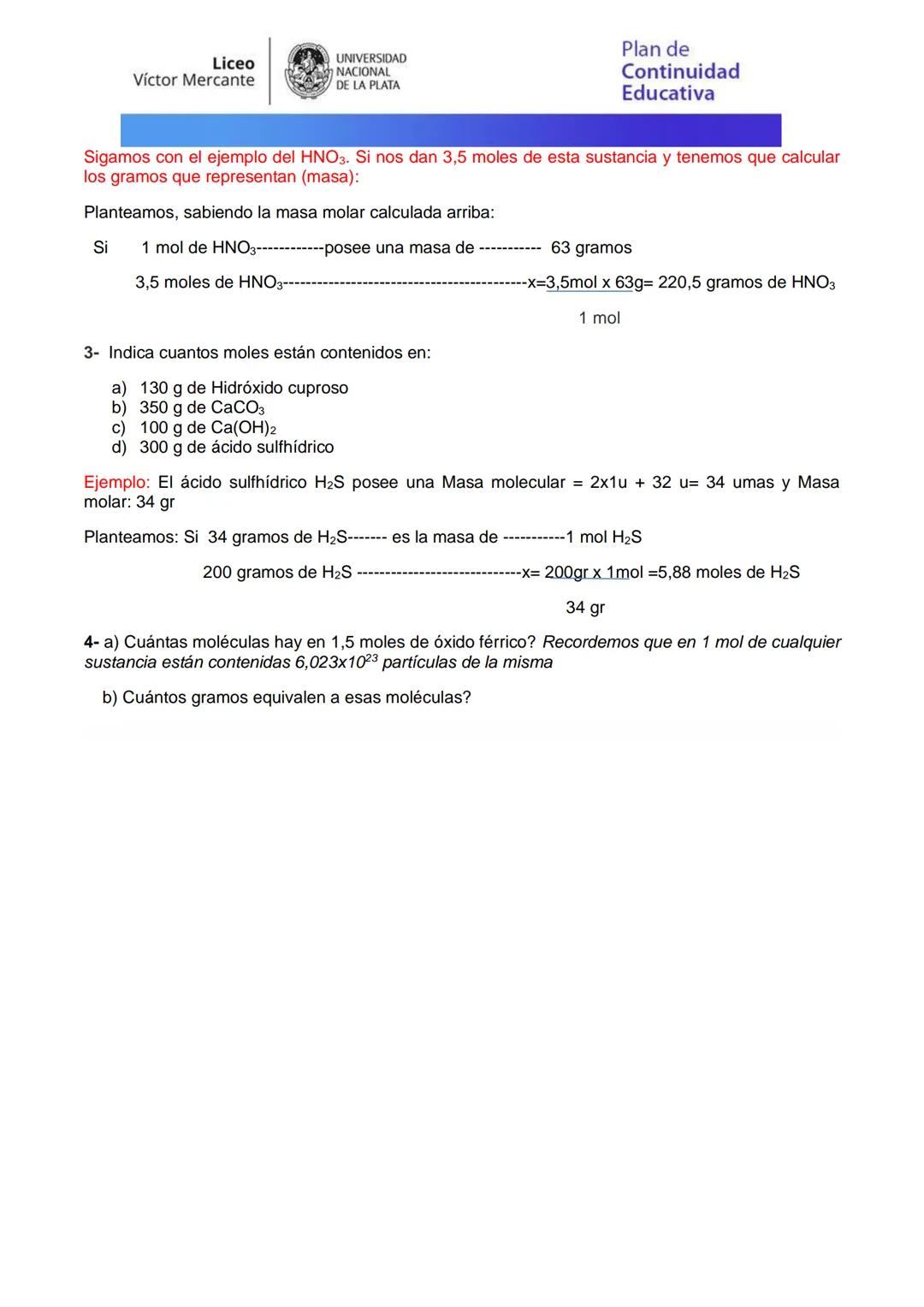 Liceo
Víctor Mercante
UNIVERSIDAD
NACIONAL
DE LA PLATA
Plan de
Continuidad
Educativa
Departamento de Química
Química 4to año
Tema: Masa a