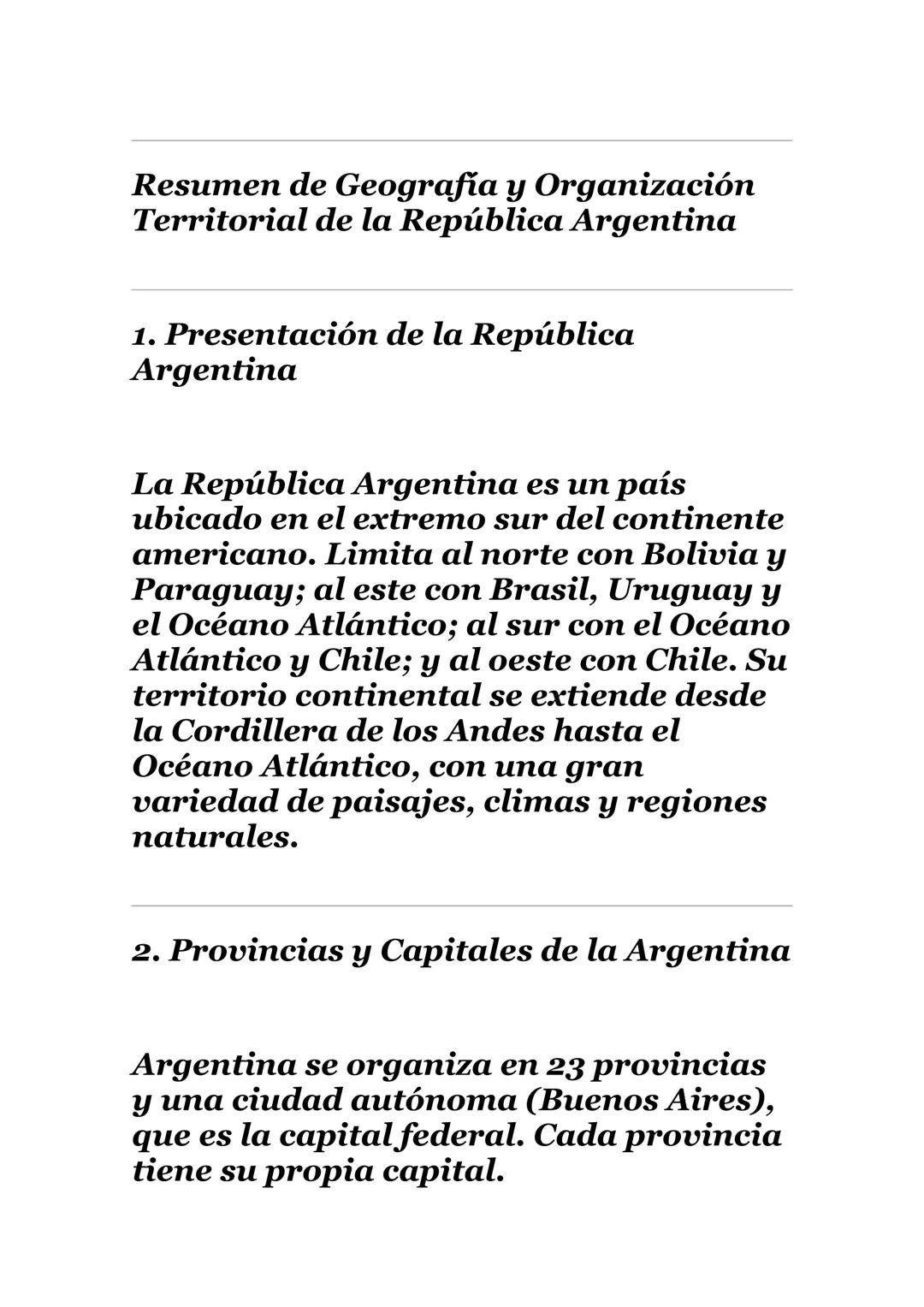 Resumen de Geografía y Organización Territorial de la República Argentina