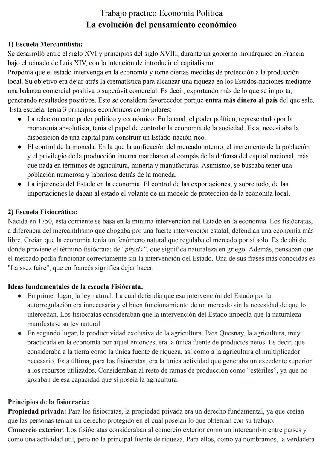 1) Escuela Mercantilista:
Trabajo practico Economía Política
La evolución del pensamiento económico
Se desarrolló entre el siglo XVI y princ