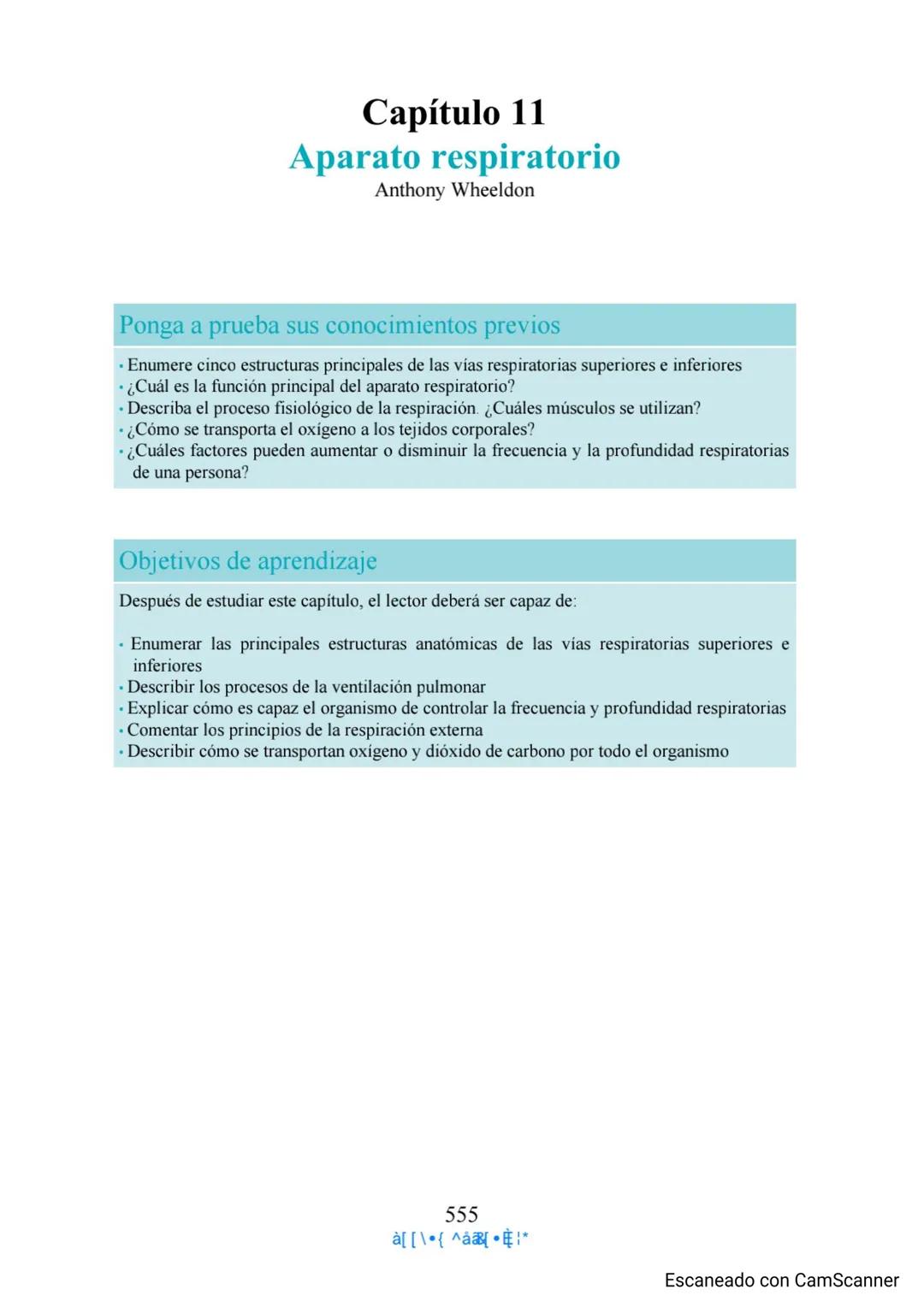 Capítulo 11
Aparato respiratorio
Anthony Wheeldon
Ponga a prueba sus conocimientos previos
• Enumere cinco estructuras principales de las ví