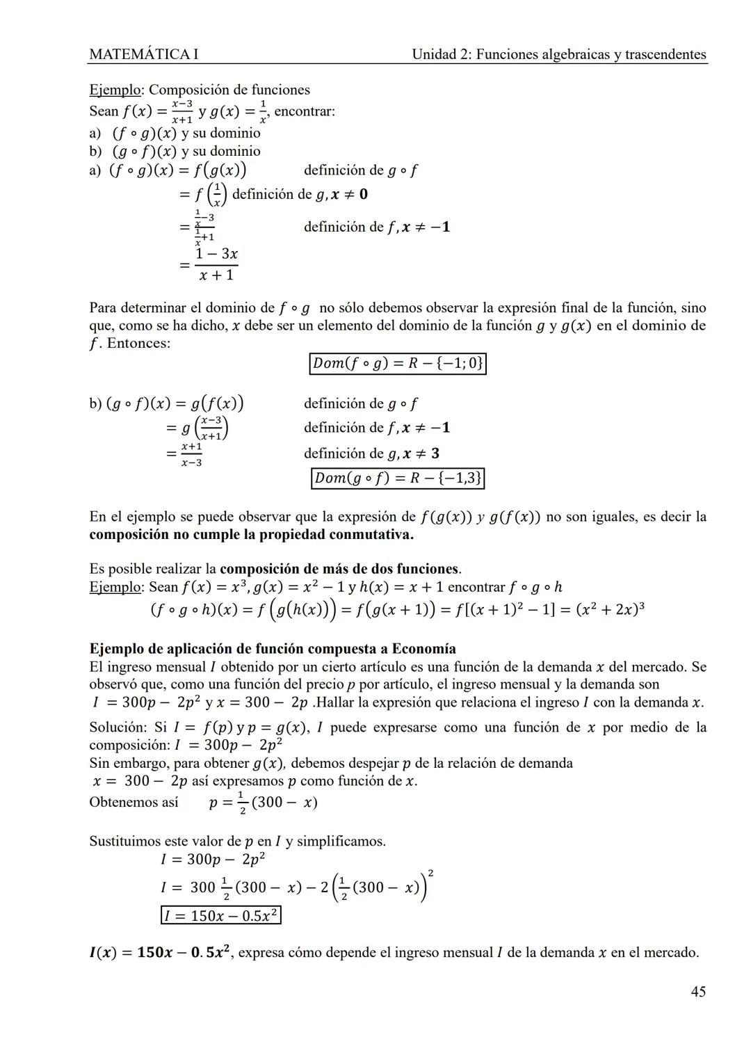 MATEMÁTICA I
Unidad 2: Funciones algebraicas y trascendentes
UNIDAD 2: FUNCIONES ALGEBRAICAS Y TRASCENDENTES
1. Introducción
CONCEPTOS TEÓRI