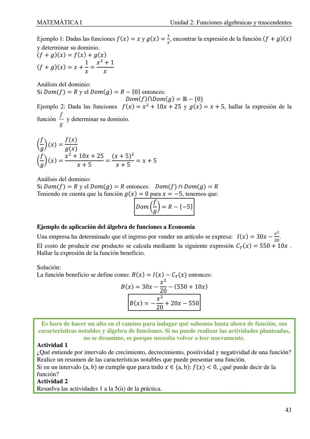 MATEMÁTICA I
Unidad 2: Funciones algebraicas y trascendentes
UNIDAD 2: FUNCIONES ALGEBRAICAS Y TRASCENDENTES
1. Introducción
CONCEPTOS TEÓRI