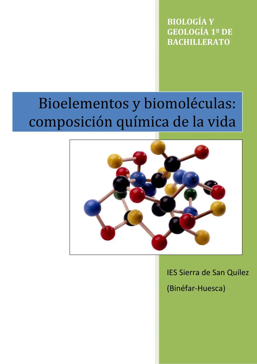 BIOLOGÍA Y
GEOLOGÍA 1º DE
BACHILLERATO
Bioelementos y biomoléculas:
composición química de la vida
IES Sierra de San Quílez
(Binéfar-Huesca)