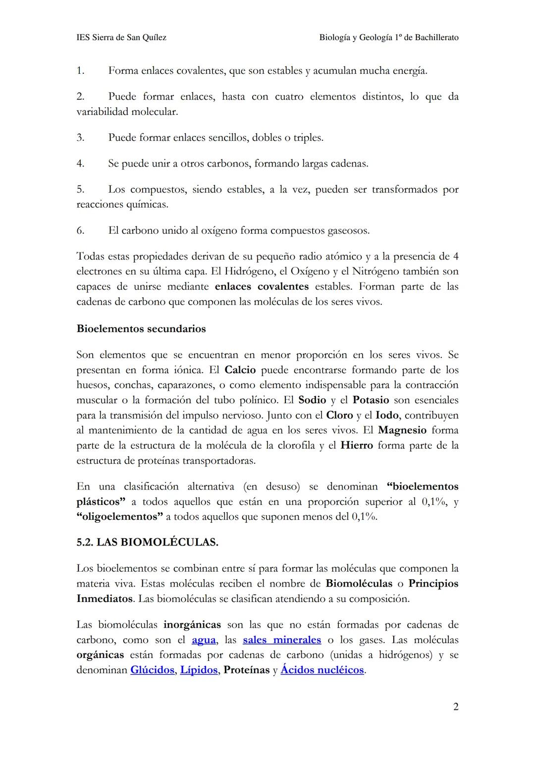 BIOLOGÍA Y
GEOLOGÍA 1º DE
BACHILLERATO
Bioelementos y biomoléculas:
composición química de la vida
IES Sierra de San Quílez
(Binéfar-Huesca)