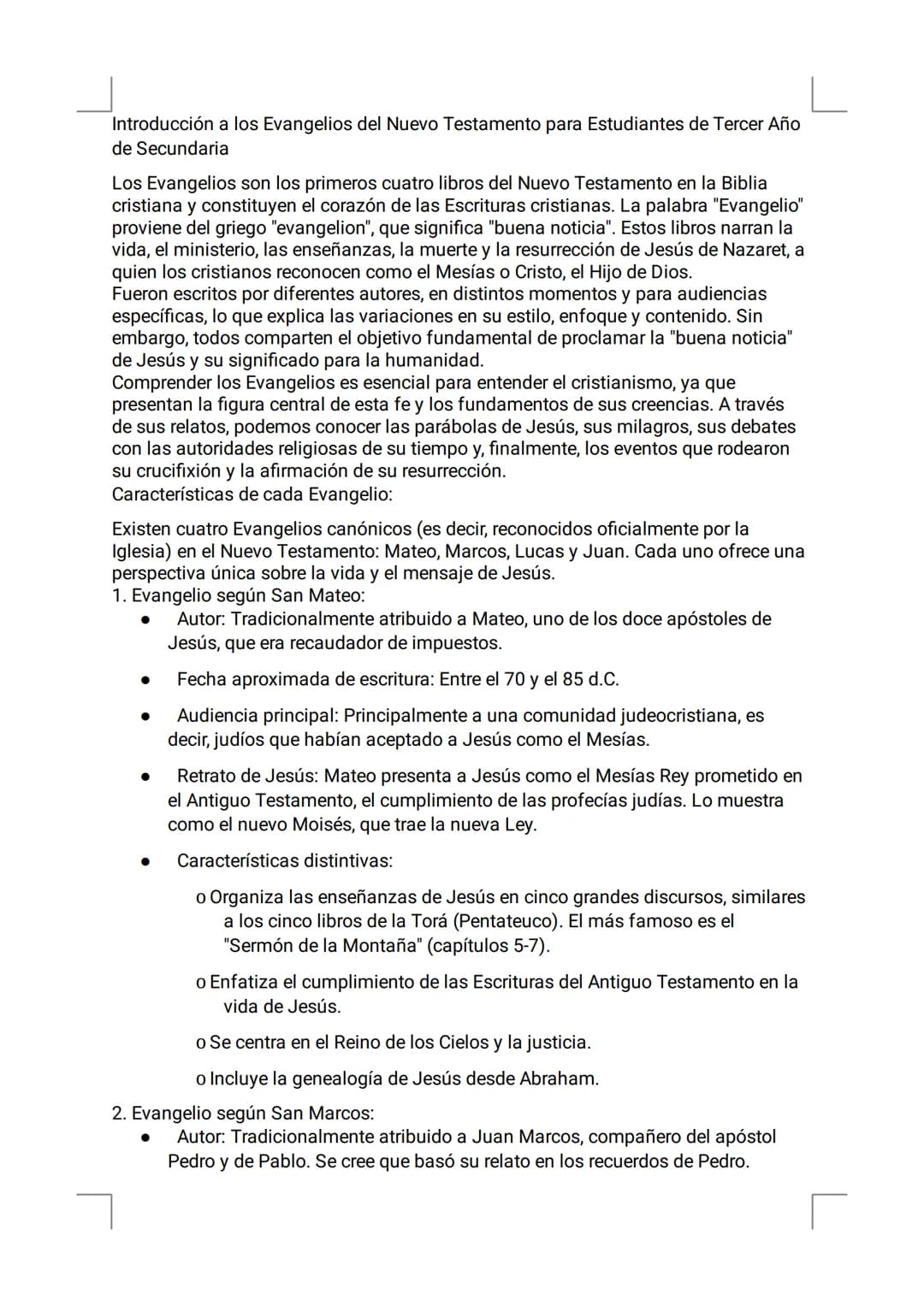 Introducción a los Evangelios del Nuevo Testamento para Estudiantes de Tercer Año
de Secundaria
Los Evangelios son los primeros cuatro libro