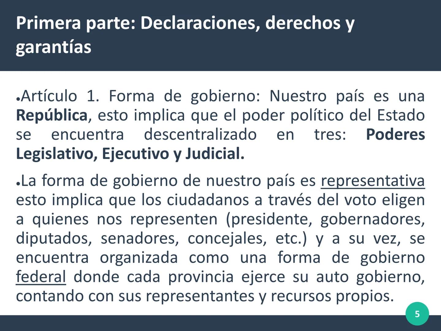 La Constitución Nacional
.La Constitución argentina es una ley escrita dividida en tres
partes:
.Preámbulo, primera parte y segunda parte.
.