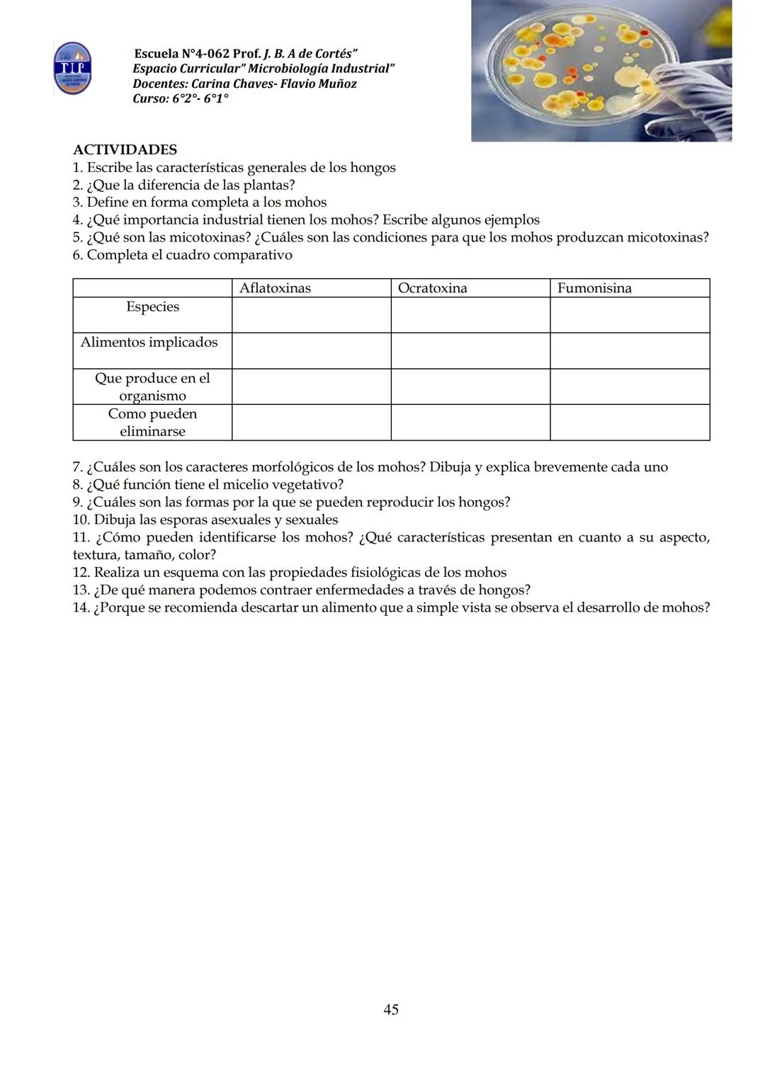 # CUADERNILLO DE
# MICROBIOLOGIA
# INDUSTRIAL
Nombre:
Curso:
Escuela: N°4062 Juana B. Albornoz de Cortes
Profesores: Carina Chaves- Flavio