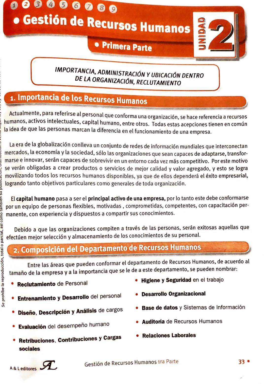--- OCR Start ---
Se prohíbe la reproducción, total o parcial,
89
• Gestión de Recursos Humanos
Primera Parte
UNIDAD
IMPORTANCIA, ADMINISTRA