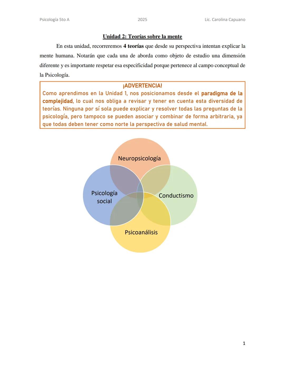 Psicología 5to A
2025
Lic. Carolina Capuano
Unidad 2: Teorías sobre la mente
En esta unidad, recorreremos 4 teorías que desde su perspectiva