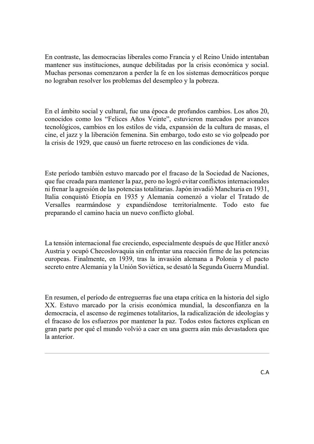 PERÍODO DE ENTREGUERRAS
El período de entreguerras (1918-1939) se refiere al tiempo transcurrido entre el
final de la Primera Guerra Mundial