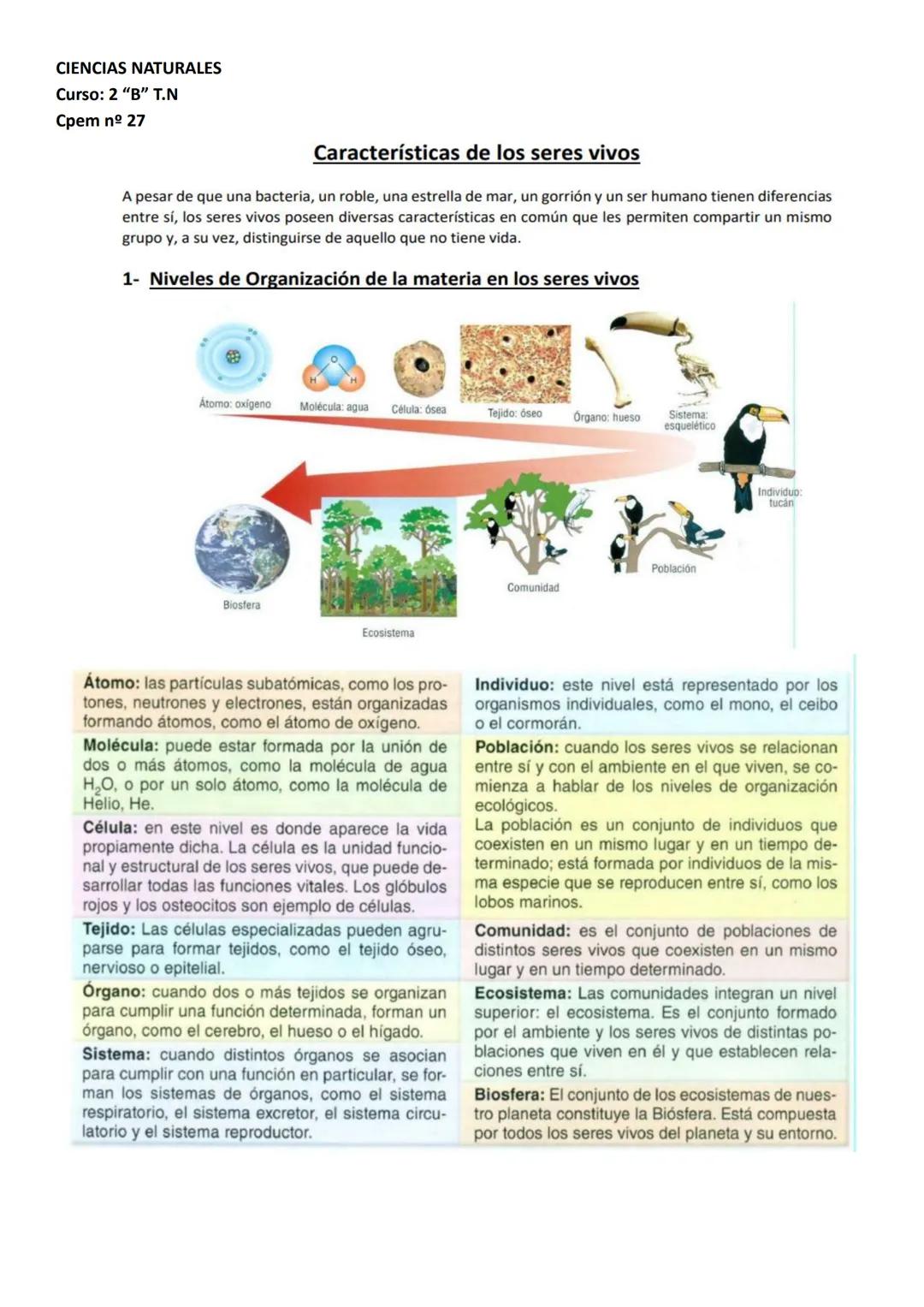 CIENCIAS NATURALES
Curso: 2 "B" Τ.Ν
Cpem nº 27
Características de los seres vivos
A pesar de que una bacteria, un roble, una estrella de mar
