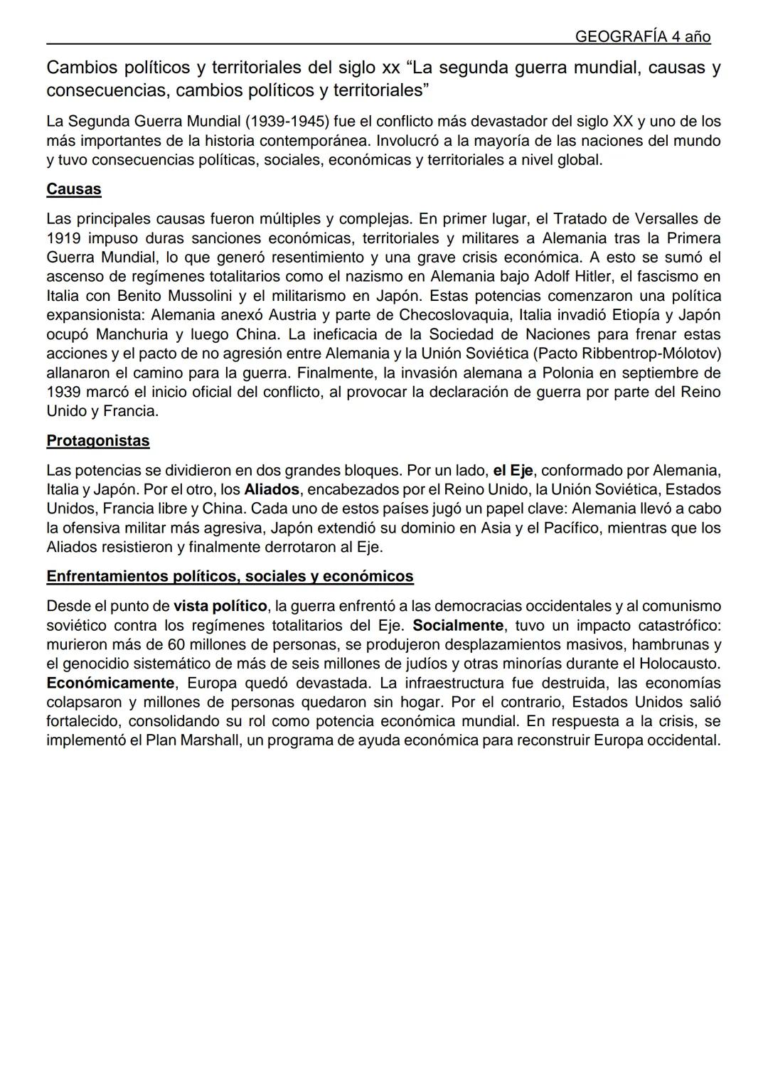 GEOGRAFÍA 4 año
Cambios políticos y territoriales del siglo xx "La segunda guerra mundial, causas y
consecuencias, cambios políticos y terri