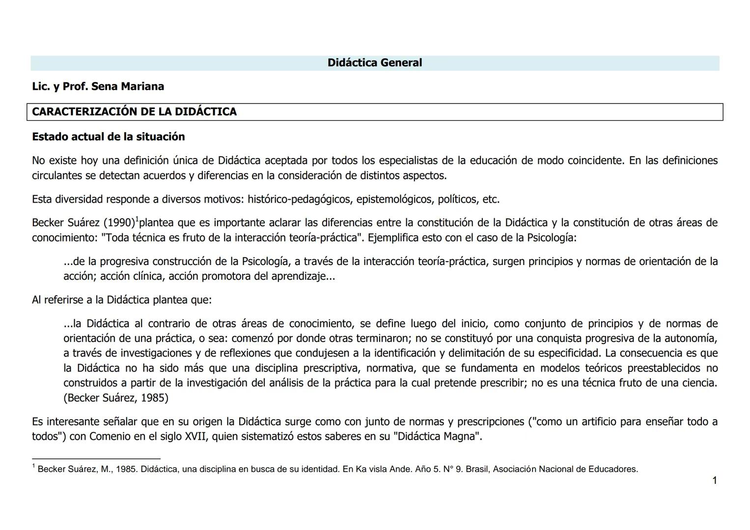 Didáctica General
Lic. y Prof. Sena Mariana
CARACTERIZACIÓN DE LA DIDÁCTICA
Estado actual de la situación
No existe hoy una definición única