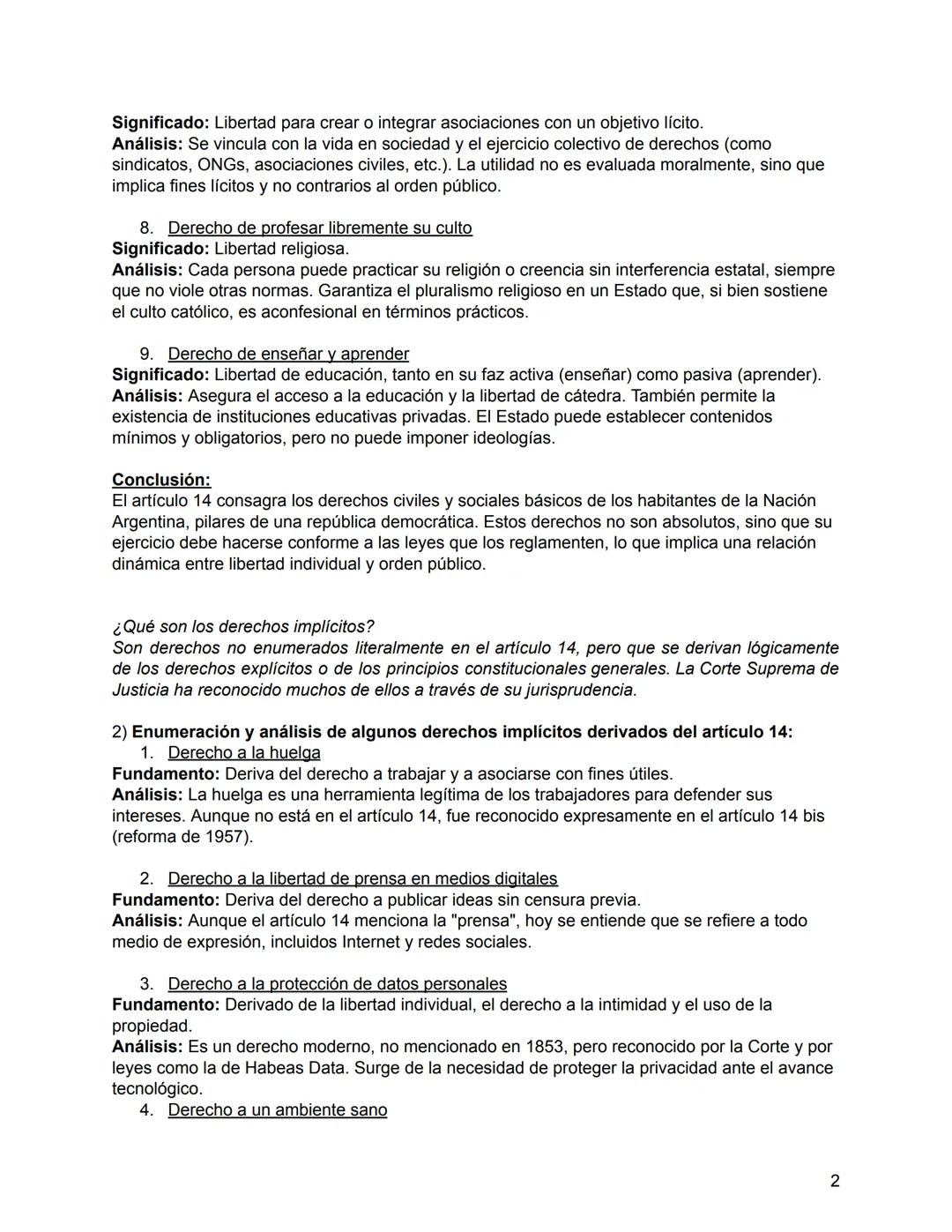 Cuestionario 8
1) Enumere y analice los derechos explícitos del Art. 14 de la CN.
El artículo 14 de la Constitución Nacional Argentina recon
