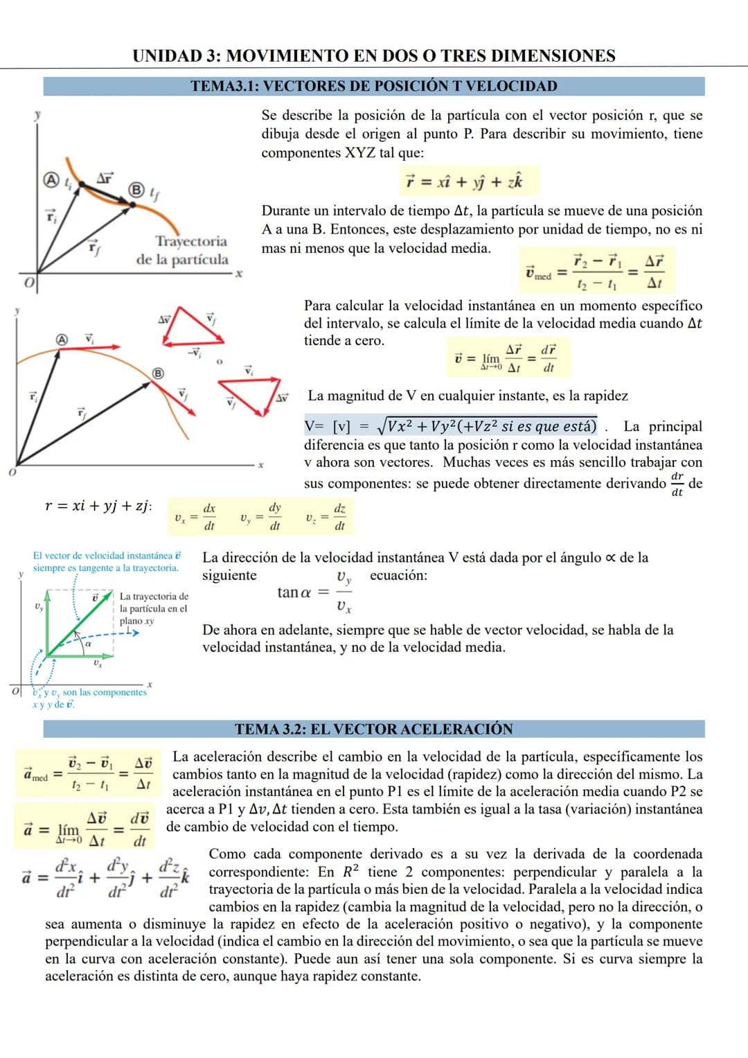 UNIDAD 3: MOVIMIENTO EN DOS O TRES DIMENSIONES
TEMA3.1: VECTORES DE POSICIÓN T VELOCIDAD
Se describe la posición de la partícula con el vect