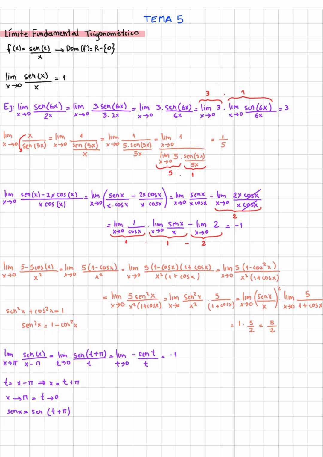 TEMA 5
Límite Fundamental Trigonométrico
f(x)= sen (x) Dom (f)=R-{0}
X
lim sen (x) = 1
fx
X
3
1
Ez: lim sen(6x) = lim 3. sen (6x) = lim 3. s