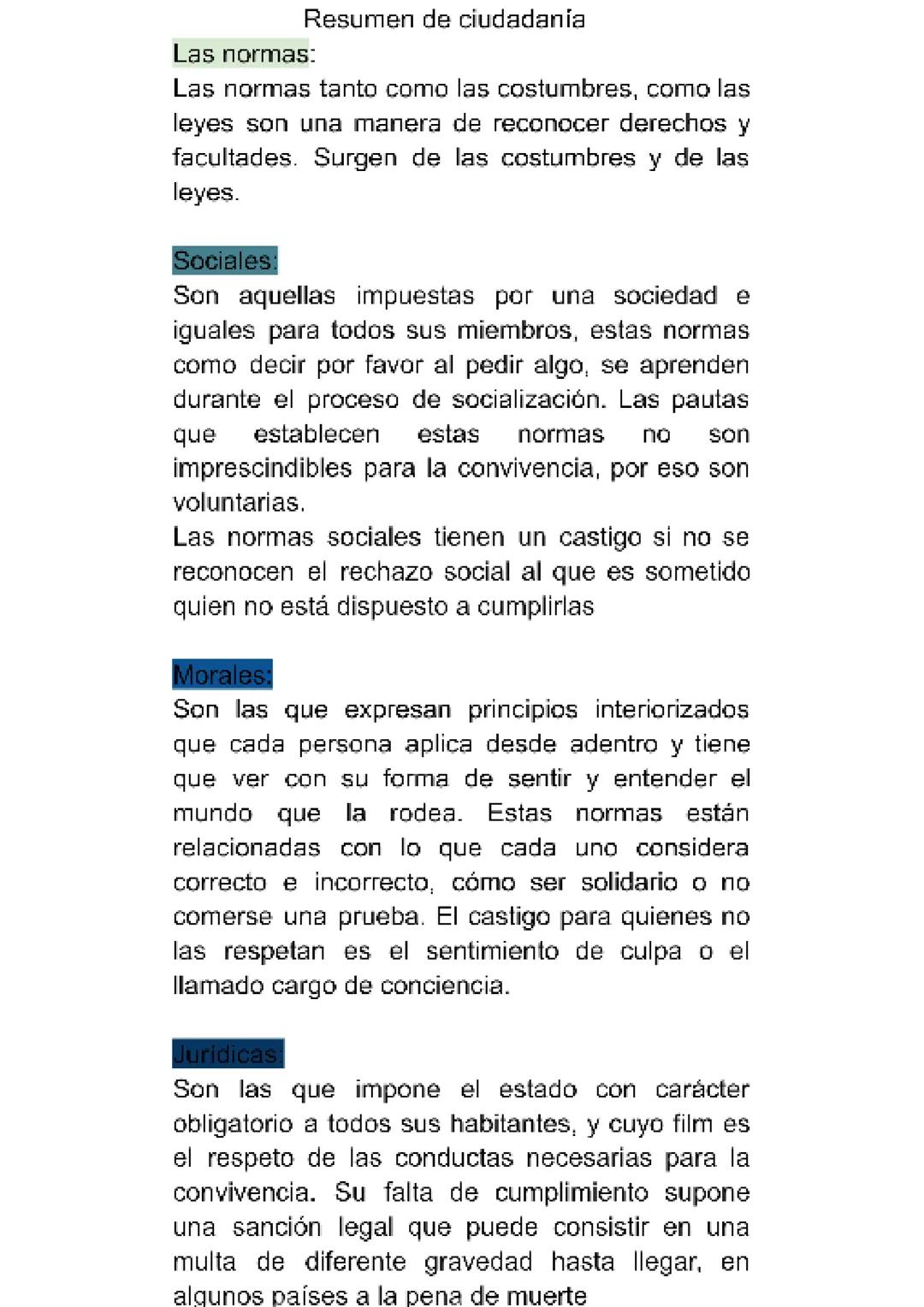 # Resumen de ciudadanía
## Las normas:
Las normas tanto como las costumbres, como las leyes son una manera de reconocer derechos y facultad