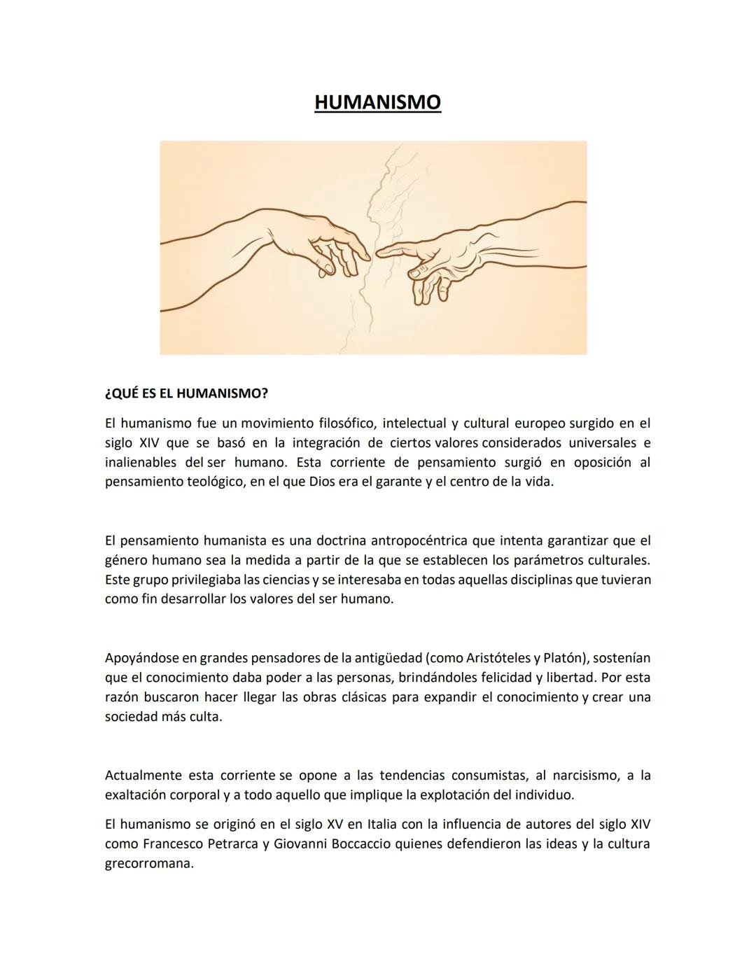 HUMANISMO
¿QUÉ ES EL HUMANISMO?
El humanismo fue un movimiento filosófico, intelectual y cultural europeo surgido en el
siglo XIV que se bas