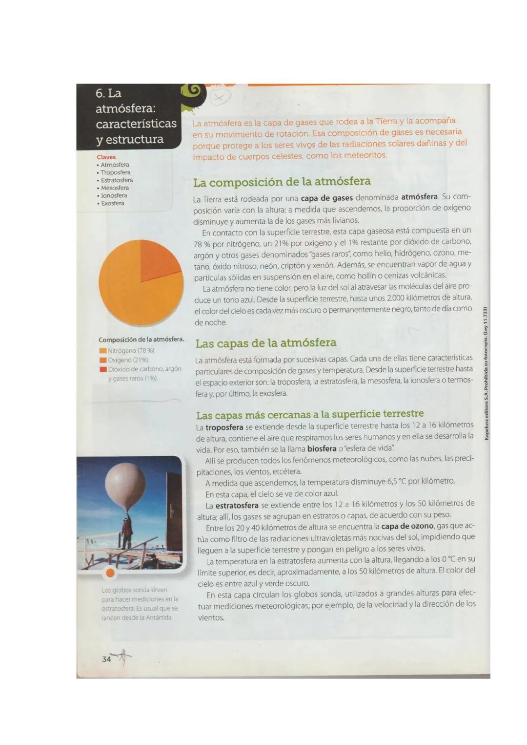 34
6. La
atmósfera:
características
y estructura
Claves
• Atmosfera
• Troposfera
• Estratosfera
• Mesosfera
• Jonosfera
• Exosfera
Composici