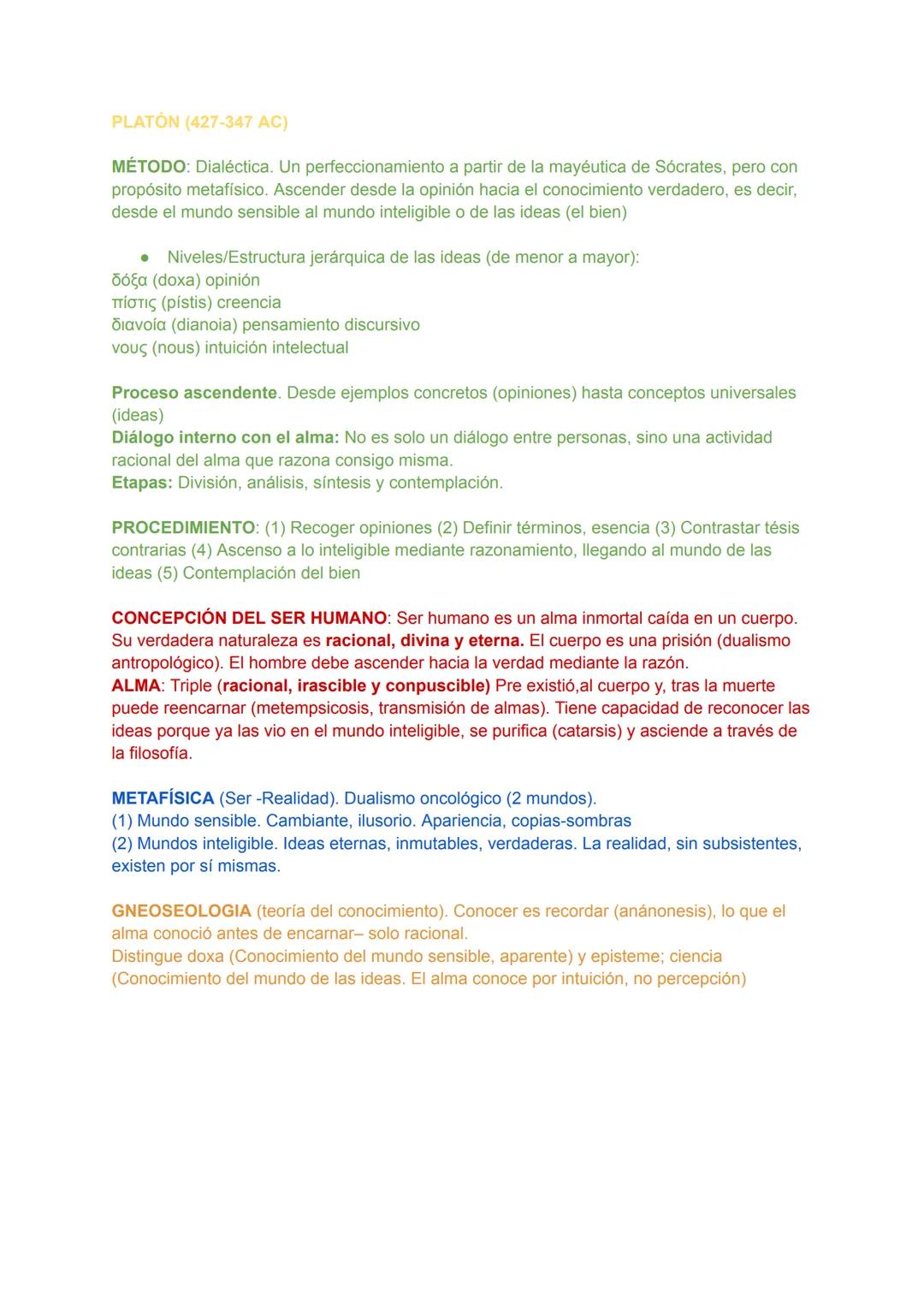 PLATON (427-347 AC)
MÉTODO: Dialéctica. Un perfeccionamiento a partir de la mayéutica de Sócrates, pero con
propósito metafísico. Ascender d