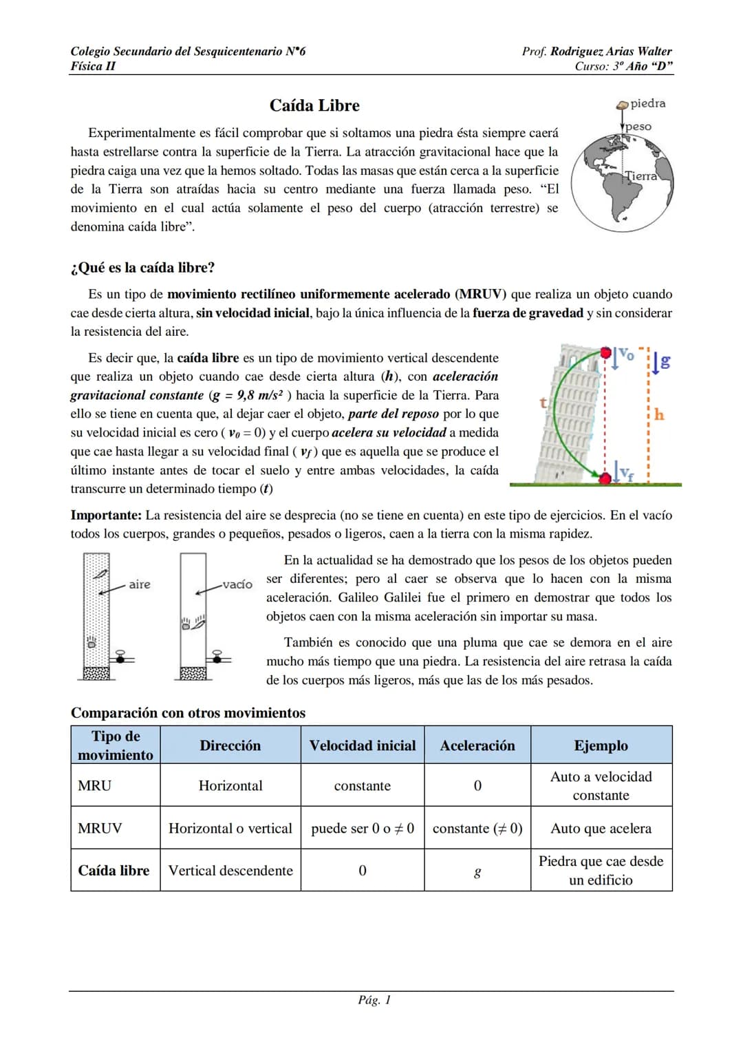 Colegio Secundario del Sesquicentenario N°6
Física II
Caída Libre
Prof. Rodriguez Arias Walter
Curso: 3º Año "D"
Experimentalmente es fácil