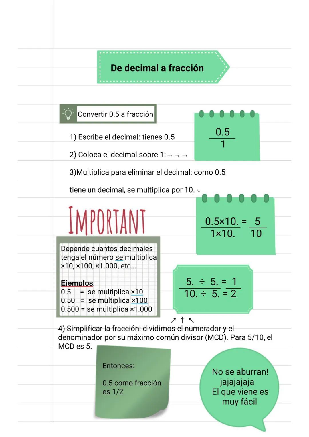 +
B
+
Matemáticas
Hola! Hoy vamos a ver como
pasar de decimal a fracción y
de fracción a decimal De decimal a fracción
Convertir 0.5 a frac