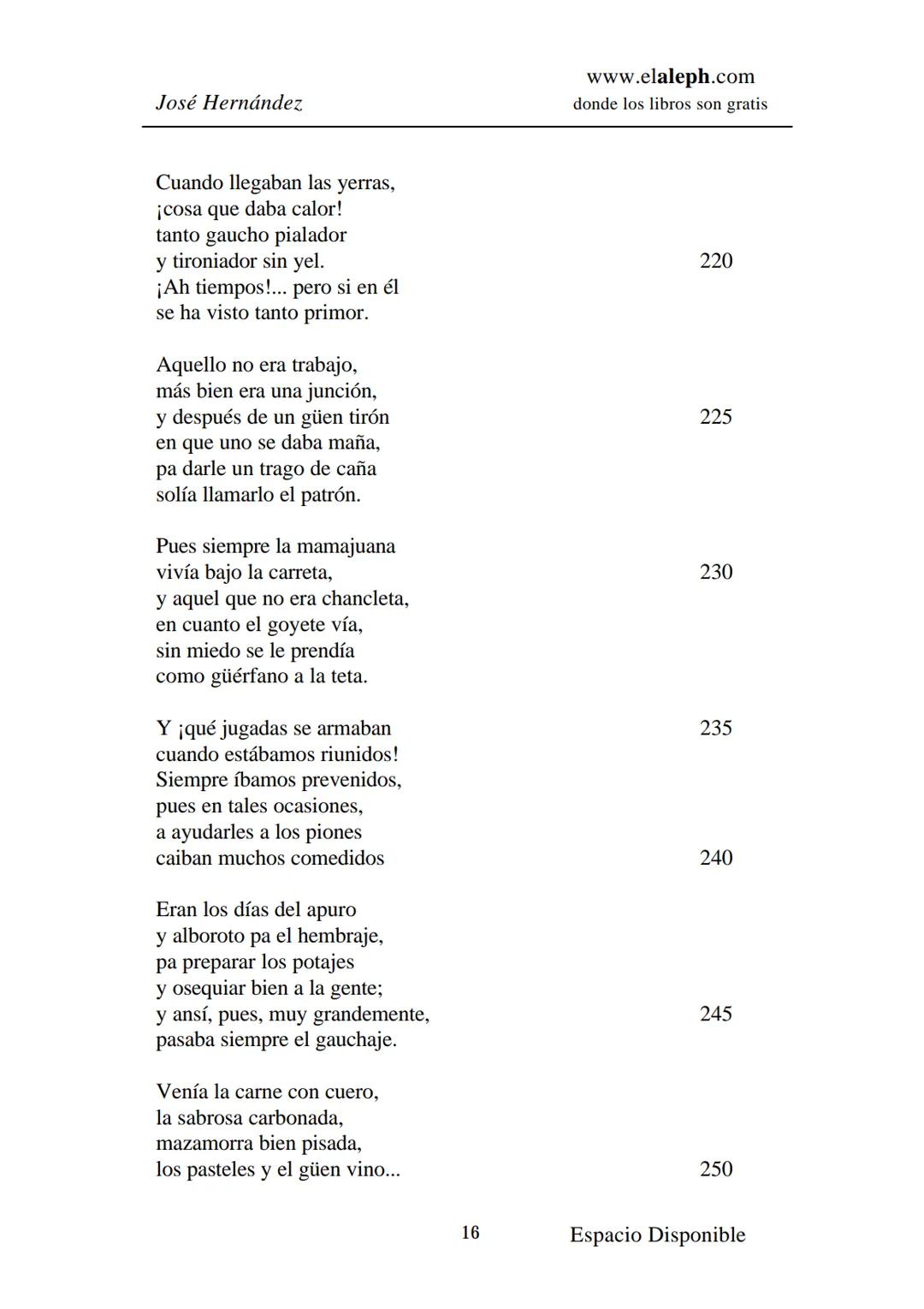 IMPRIMIR
MARTÍN FIERRO
JOSÉ HERNÁNDEZ
Espacio
Disponible Editado por
**elaleph.com**
© 1999 – Copyright www.elaleph.com
Todos los Derech