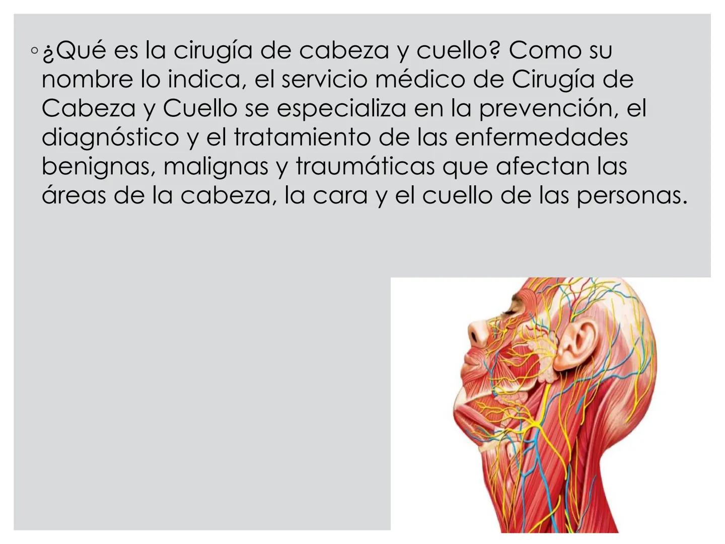 # CIRUGIA DE CABEZA-CUELLO
Y
MAXILOFACIAL • ¿Qué es la cirugía de cabeza y cuello? Como su
nombre lo indica, el servicio médico de Cirugía
