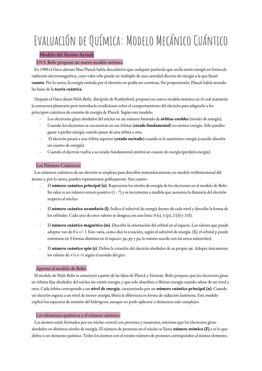 EVALUACIÓN DE QUÍMICA: MODELO MECÁNICO CUÁNTICO
Modelo del Átomo Actual:
1913: Bohr propone un nuevo modelo atómico
En 1900 el físico alemán