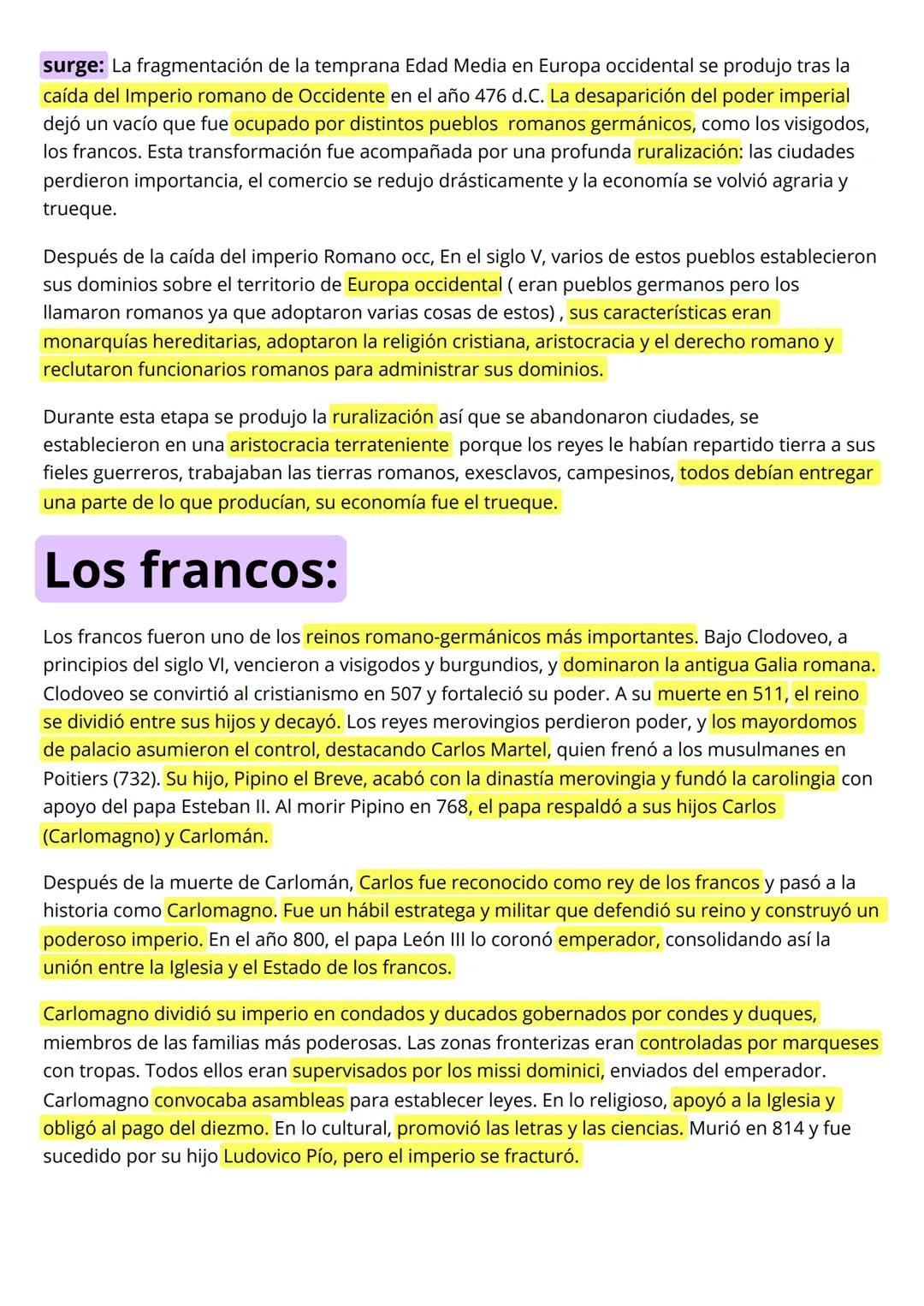 HISTORIA 1
Edad media (alta):
FEUDALISMO: (mediados siglo ix/9, EUROPA OCC) Surge a partir de una oleada de invasiones
por grupos como los v