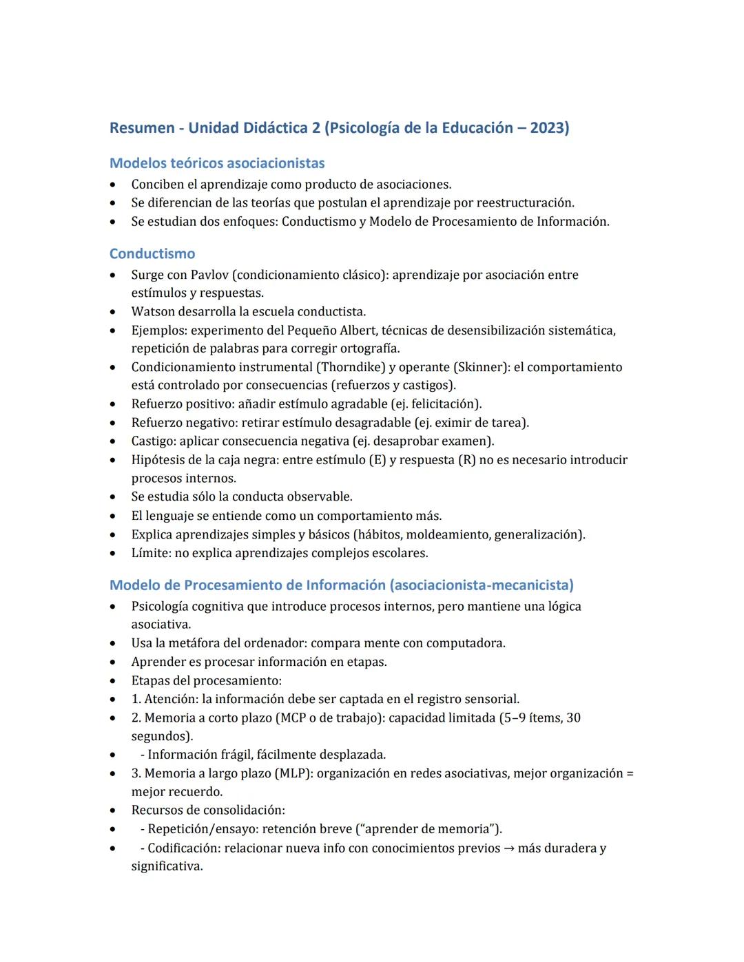 Resumen - Unidad Didáctica 2 (Psicología de la Educación - 2023)
Modelos teóricos asociacionistas
* Conciben el aprendizaje como producto de
