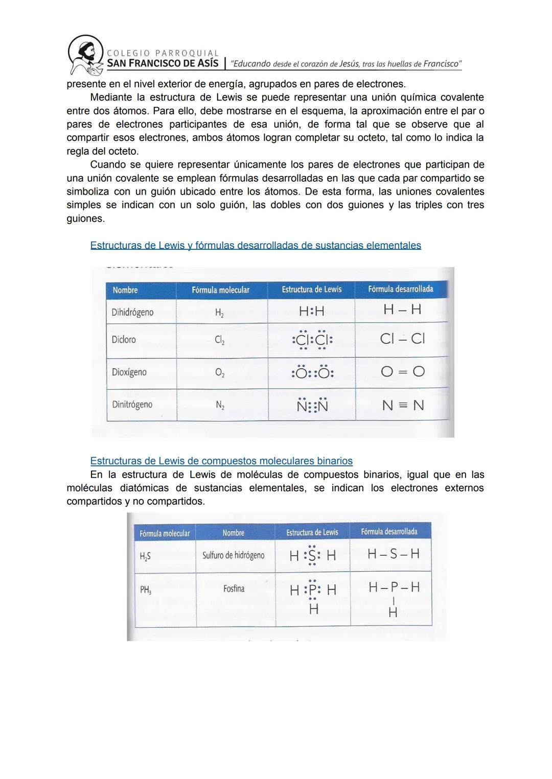 # COLEGIO PARROQUIAL
SAN FRANCISCO DE ASÍS "Educando desde el corazón de Jesús, tras las huellas de Francisco"
# Uniones entre átomos
Desd