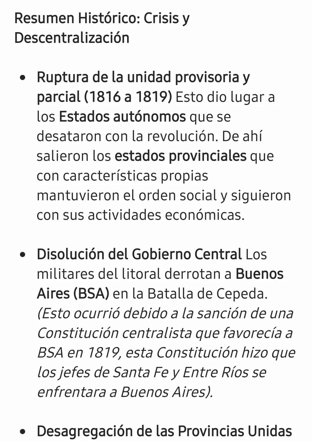 Resumen Histórico: Crisis y
Descentralización
• Ruptura de la unidad provisoria y
parcial (1816 a 1819) Esto dio lugar a
los Estados autóno