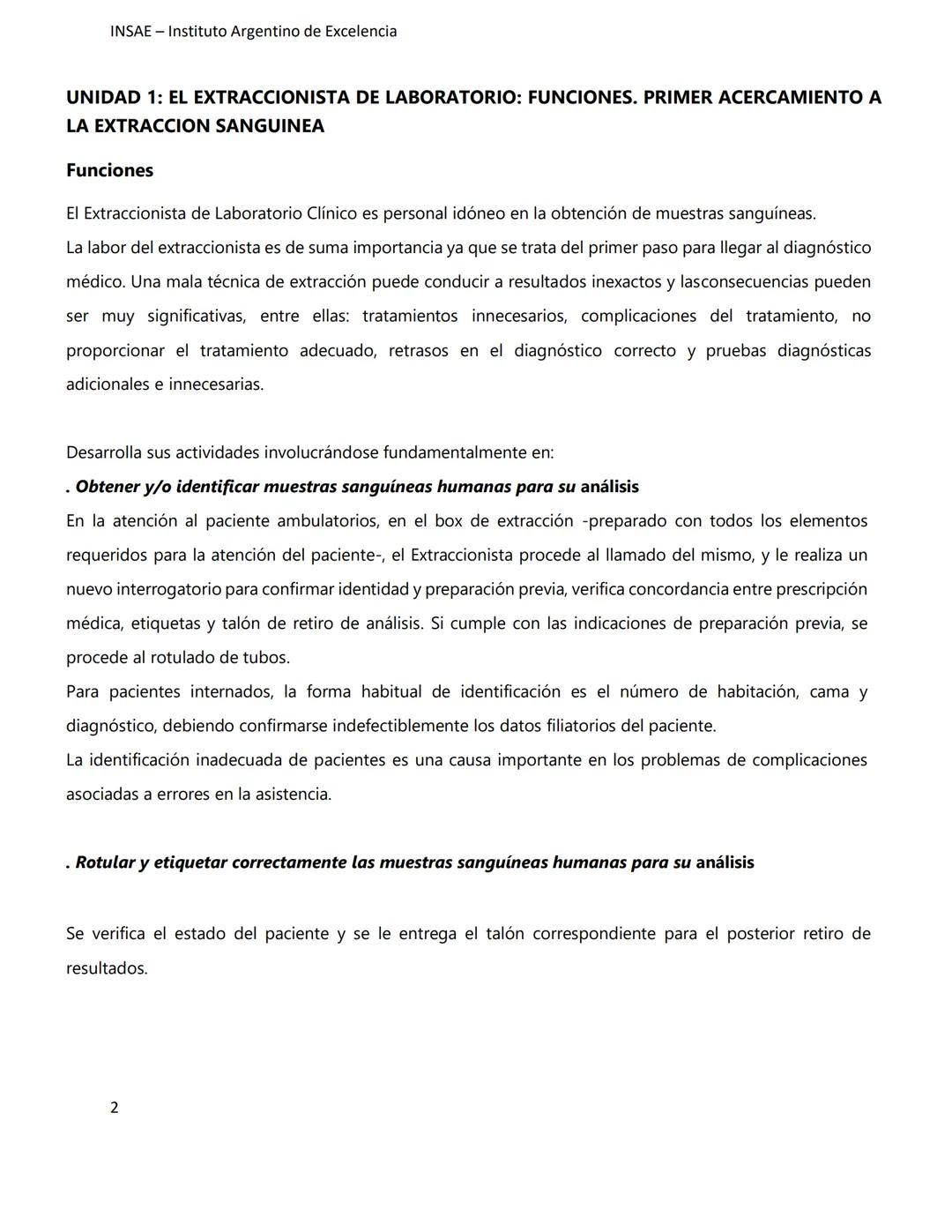 INSAE – Instituto Argentino de Excelencia
# MANUAL DEL CURSO
# EXTRACCIONISTA DE
# LABORATORIO CLINICO
1 INSAE - Instituto Argentino d