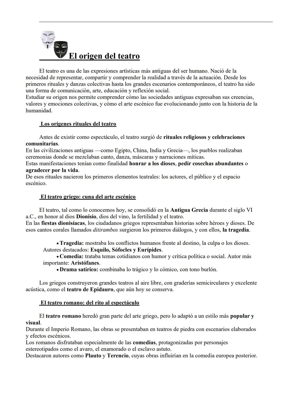 # El origen del teatro
El teatro es una de las expresiones artísticas más antiguas del ser humano. Nació de la
necesidad de representar, co