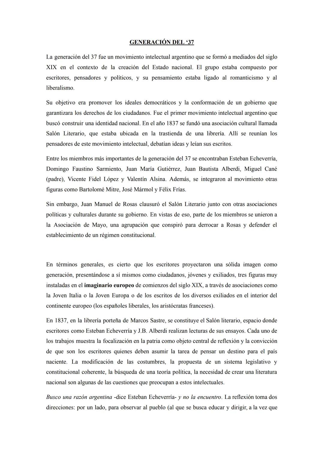 # GENERACIÓN DEL '37
La generación del 37 fue un movimiento intelectual argentino que se formó a mediados del siglo
XIX en el contexto de l