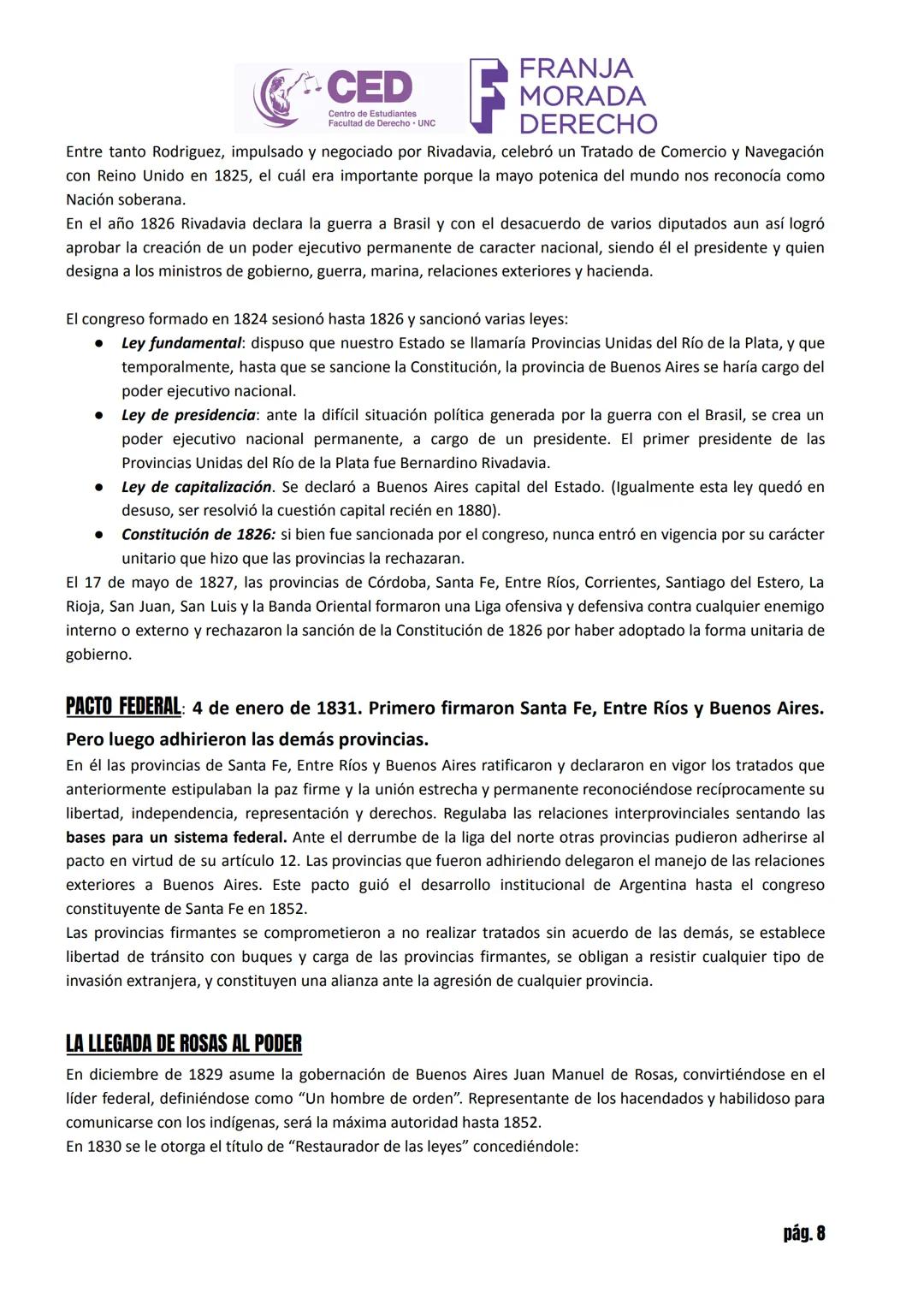 # CED MORADA
Centro de Estudiantes
Facultad de Derecho - UNC
# HISTORIA ARGENTINA
# INGRESO ABOGACÍA UNC 2025 - TOMO I
## LA CONFORMACIÓN