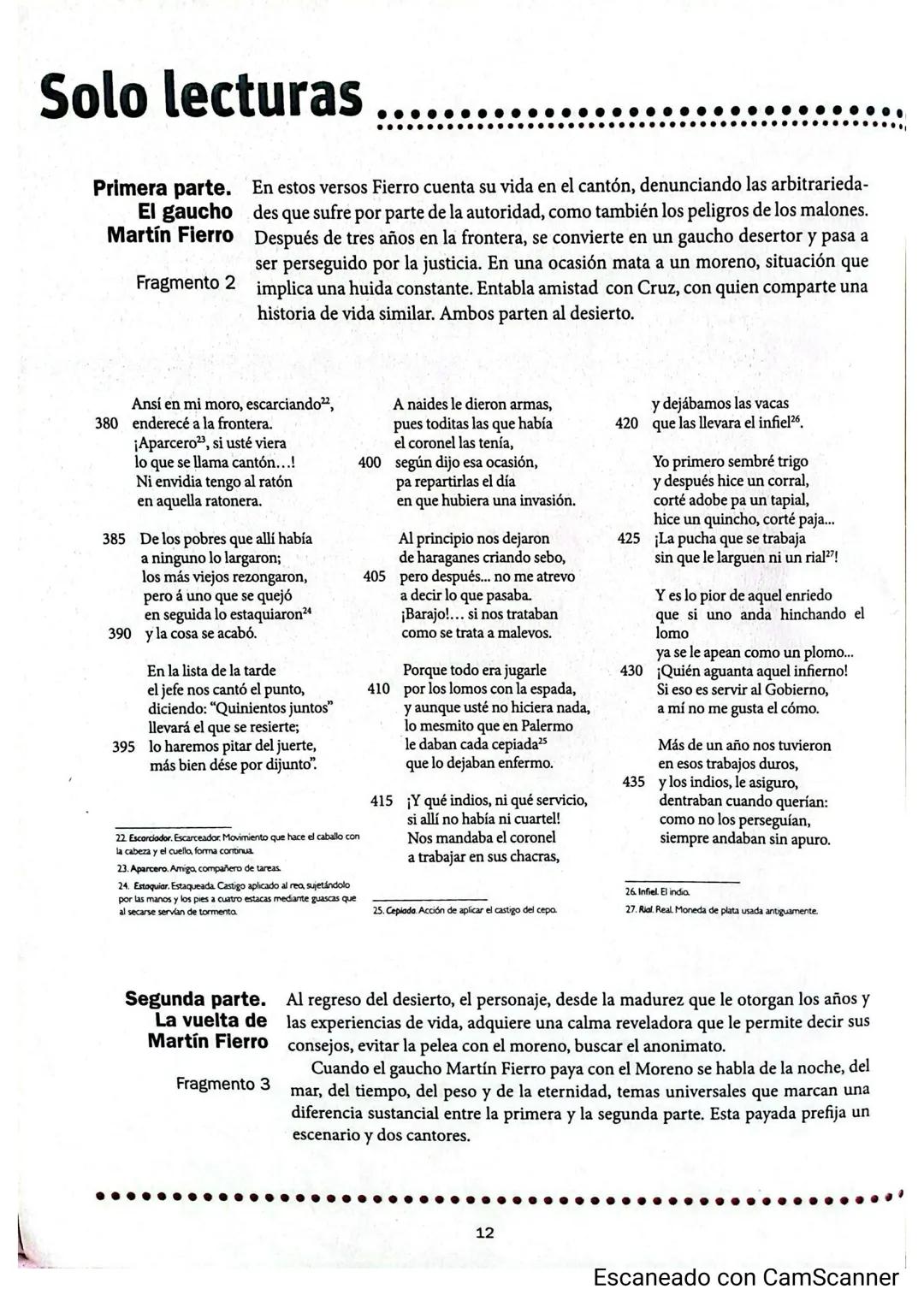 # Solo lecturas
El poema Martín Fierro de José Hernández está dividido en dos partes -cono-
cidas como la Ida y la Vuelta-. En la Ida el pe