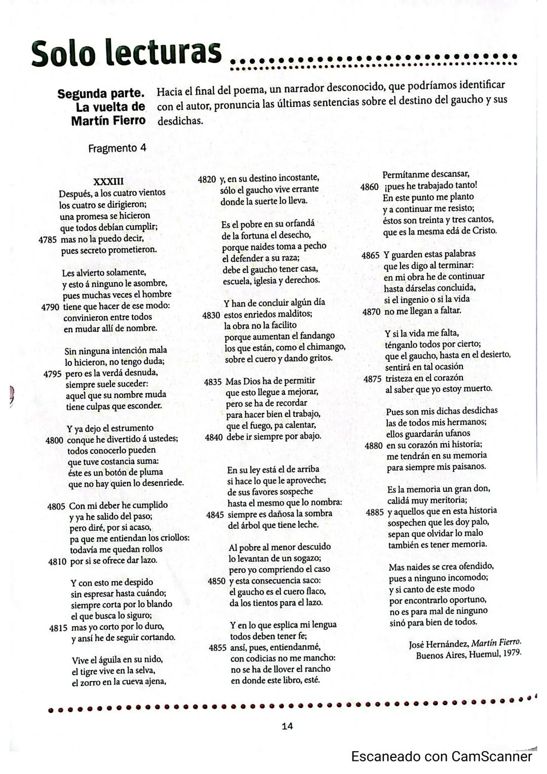 # Solo lecturas
El poema Martín Fierro de José Hernández está dividido en dos partes -cono-
cidas como la Ida y la Vuelta-. En la Ida el pe