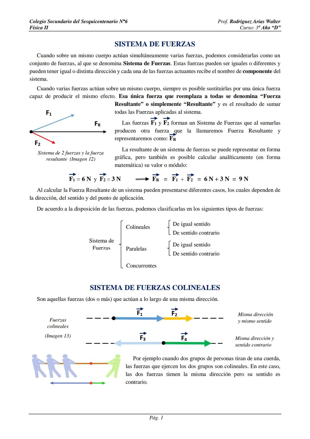 # Colegio Secundario del Sesquicentenario N°6
Física II
Prof. Rodriguez, Arias Walter
Curso: 3º Año "D"
# SISTEMA DE FUERZAS
Cuando sobre