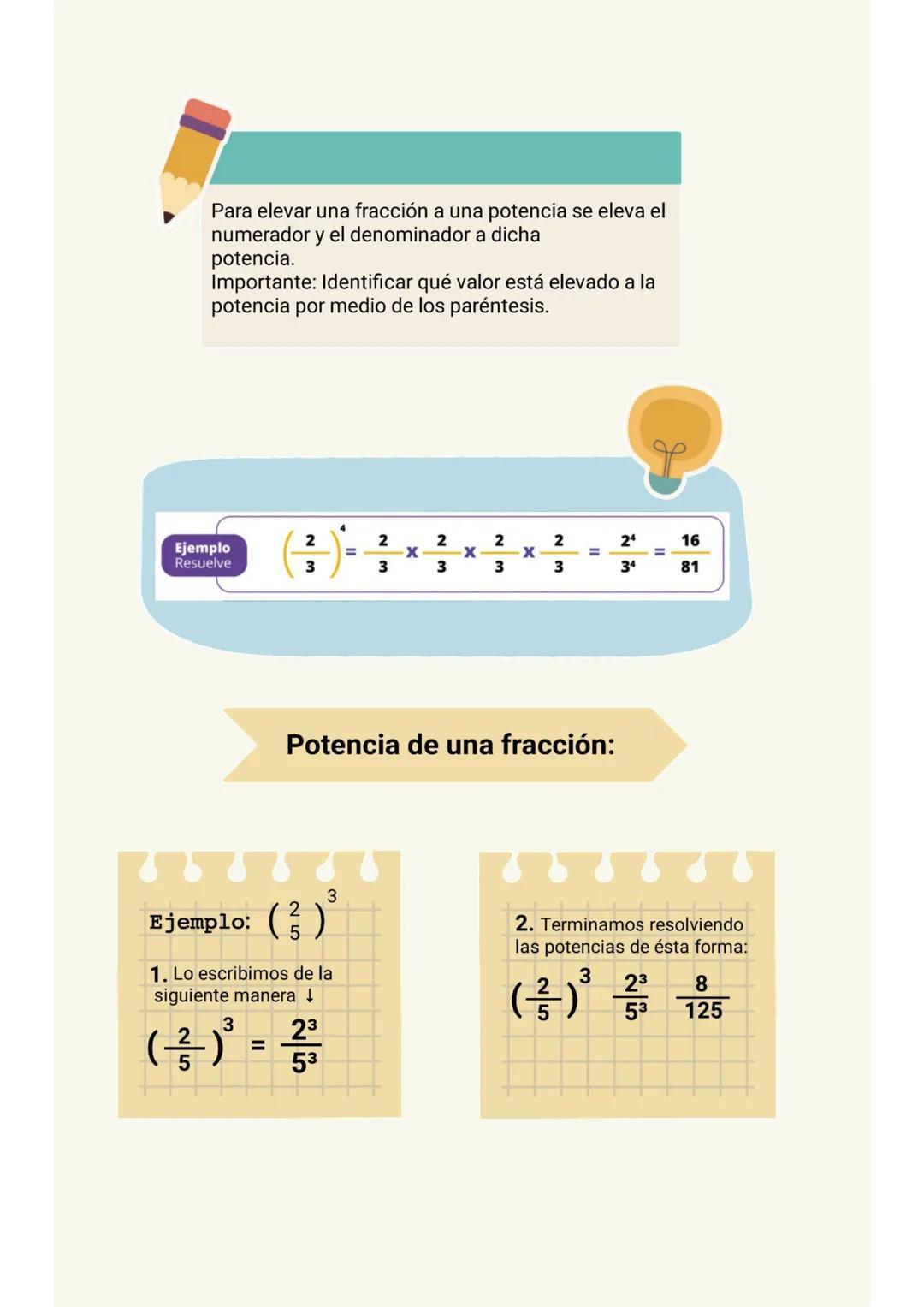 Potencia de fracciones
MATE
Hola! hoy vamos
a ver la potencia
de fracciones... Para elevar una fracción a una potencia se eleva el
numerad