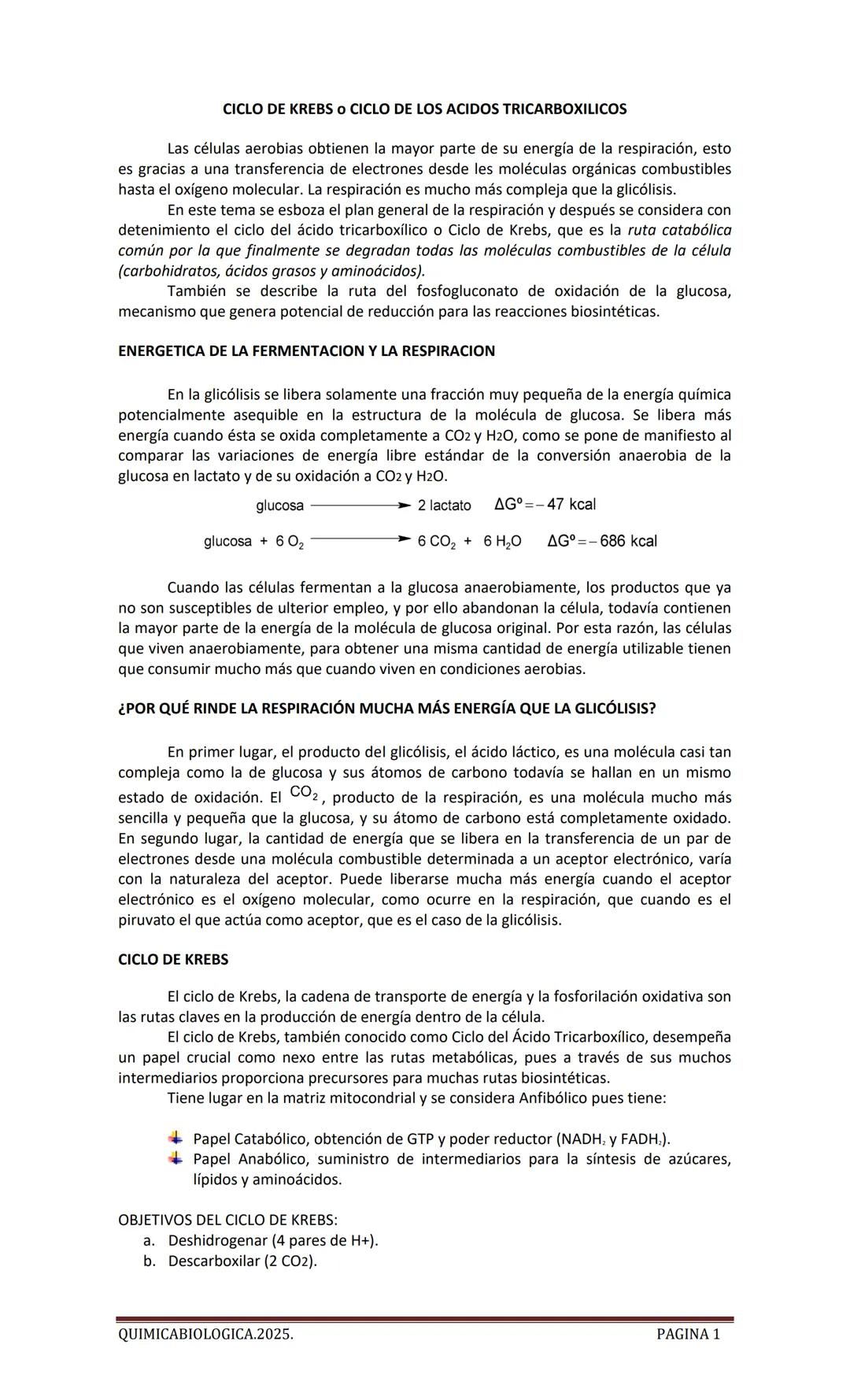 2025
CARTILLA DE METABOLISMO: CICLO DE
KREBS. CADENA RESPIRATORIA. LANZADERA
G3P. VIA DE LAS PENTOSAS.
Acetil-CoA 20 Citrato
H20
NADH+H
CO